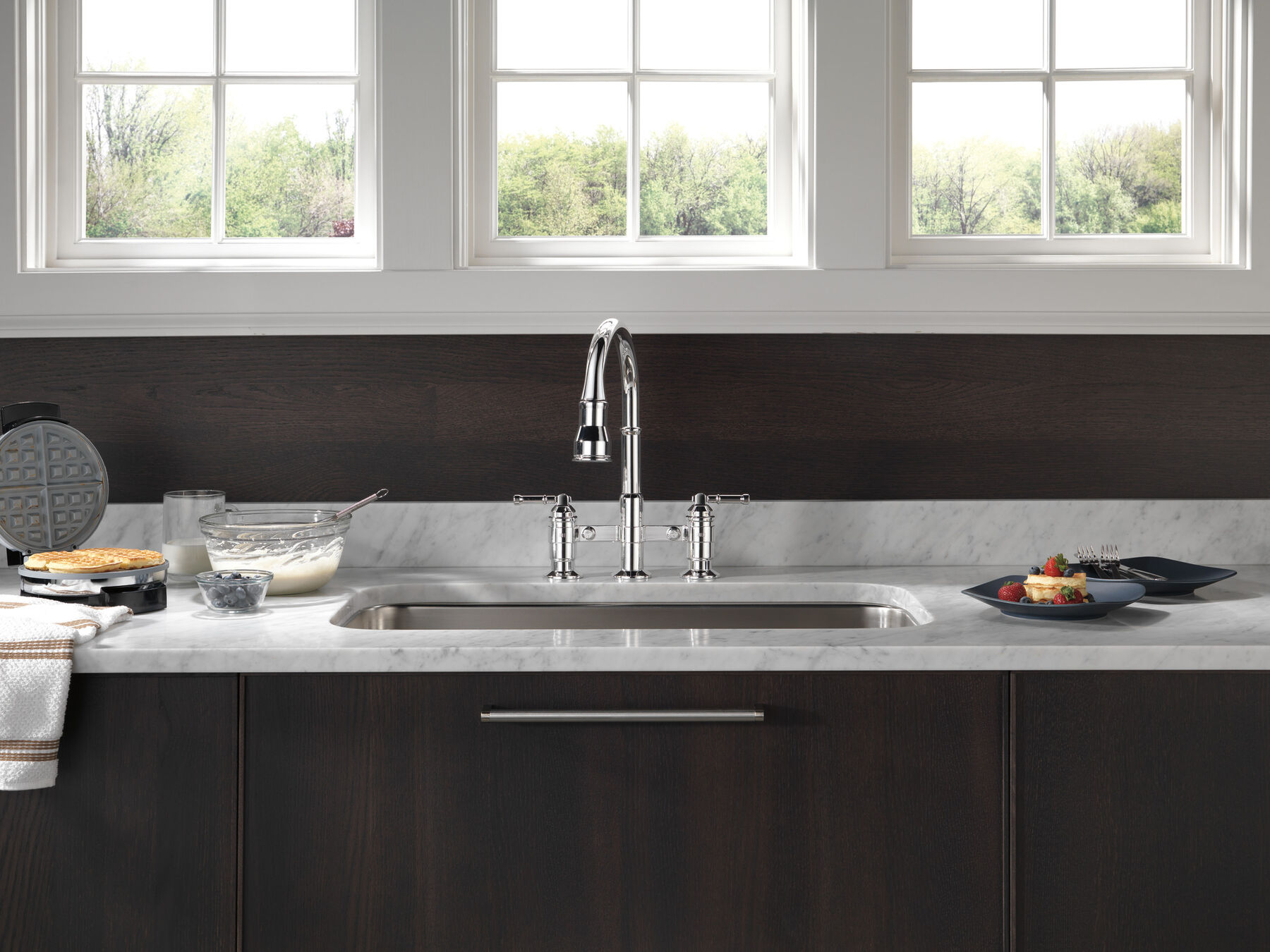 Two Handle Pull-Down Bridge Kitchen Faucet, image 8