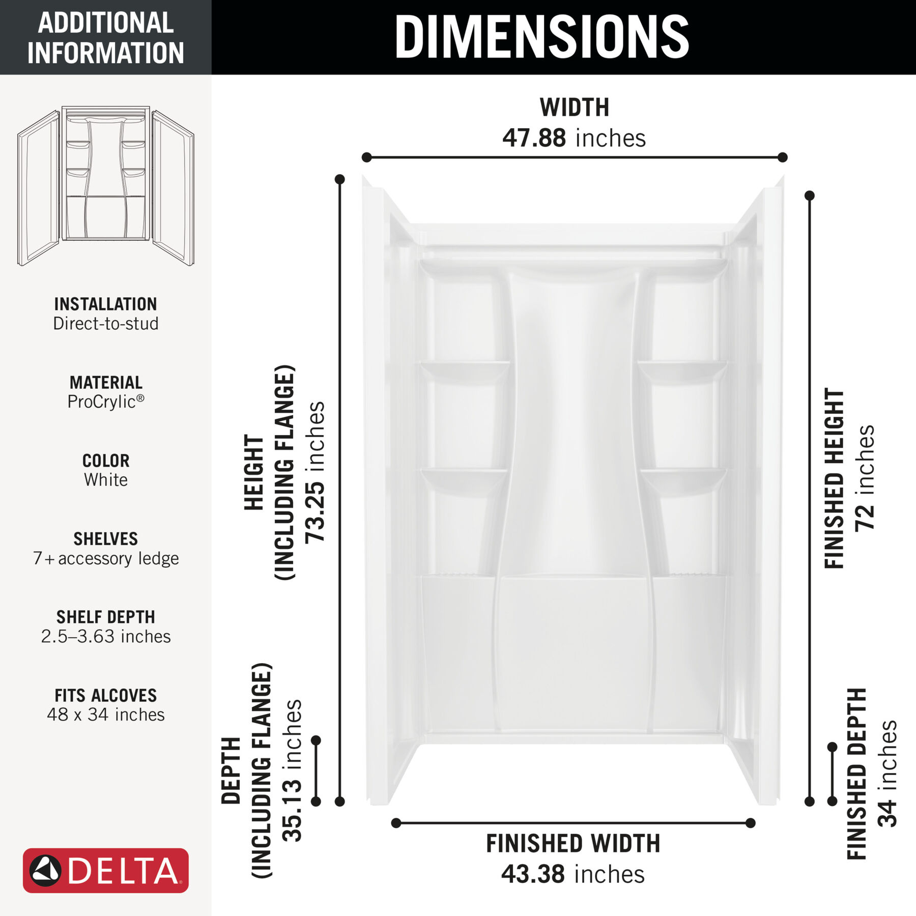48"x34" Classic 500 Shower Wall