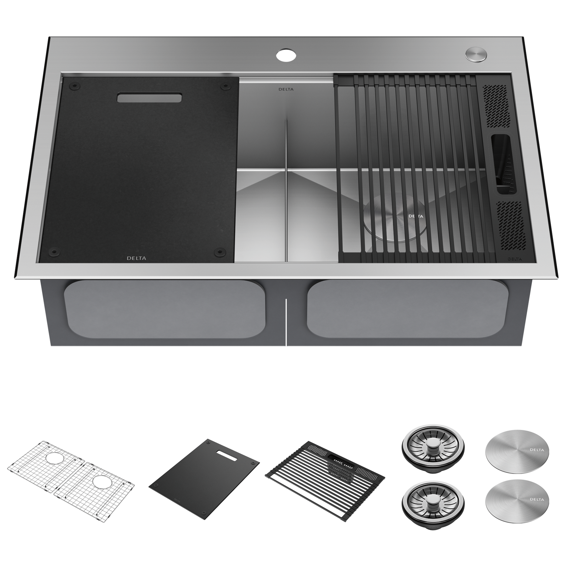 33” Workstation Kitchen Sink Drop-In Top Mount 16 Gauge Stainless Steel 50/50 Double Bowl with WorkFlow™ Ledge and Accessories