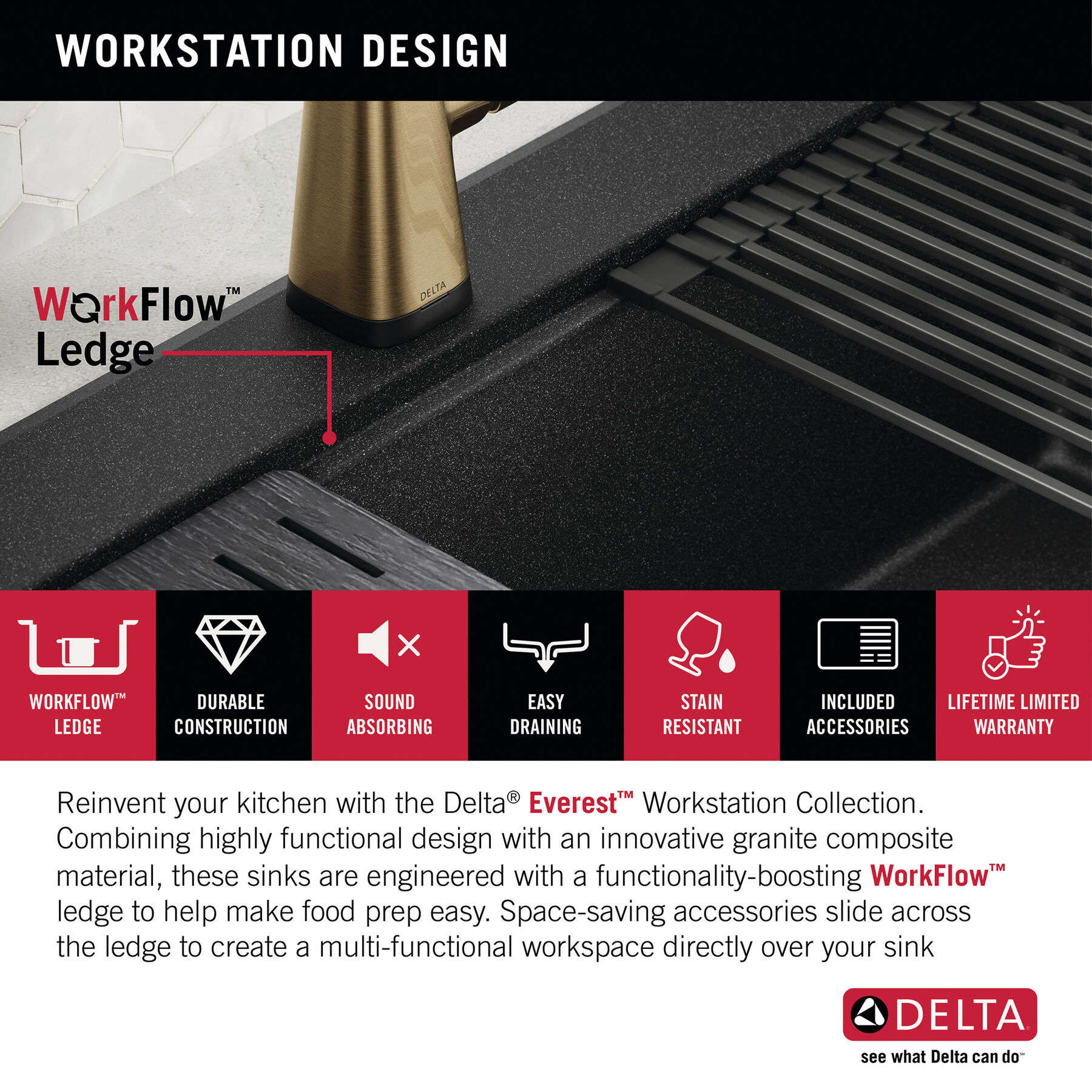 33” Granite Composite Workstation Kitchen Sink Drop-In Top Mount Single Bowl with WorkFlow™ Ledge and Accessories, image 6