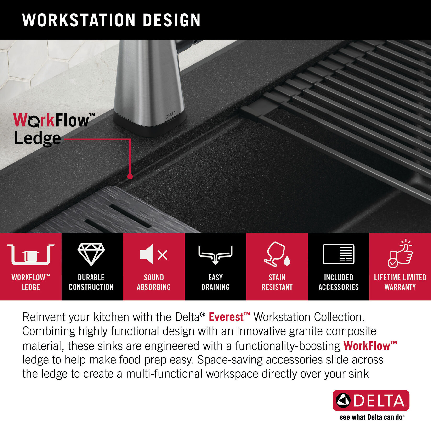 30” Granite Composite Workstation Kitchen Sink Drop-In Top Mount Single Bowl with WorkFlow™ Ledge and Accessories in Black, image 7