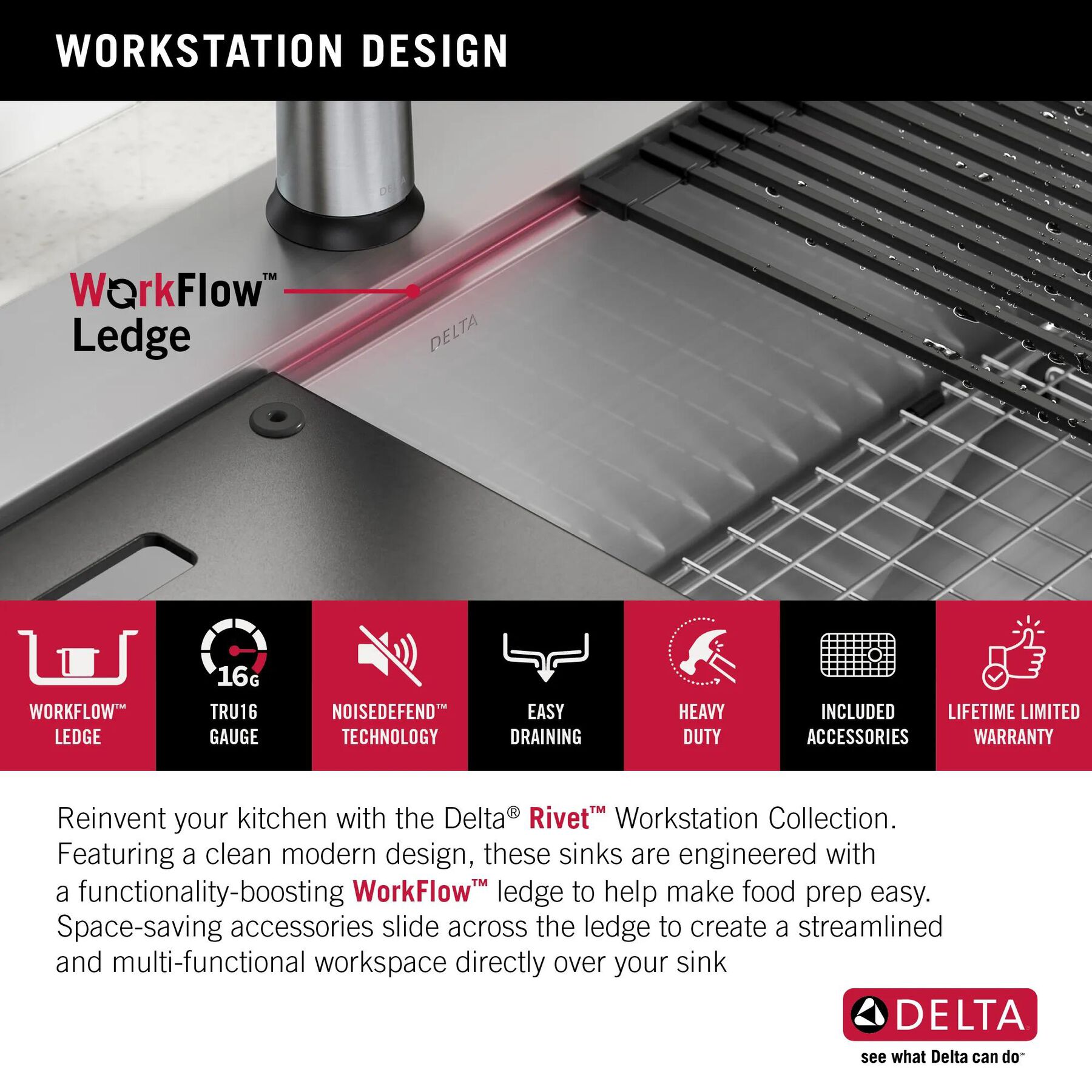 33&rdquo; Workstation Kitchen Sink Drop-In Top Mount 16 Gauge Stainless Steel Single Bowl with WorkFlow&trade; Ledge and Accessories