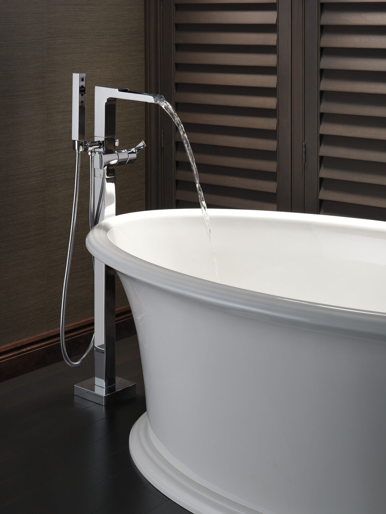 Single Handle Floor Mount Channel Spout Tub Filler Trim with Hand Shower, image 7