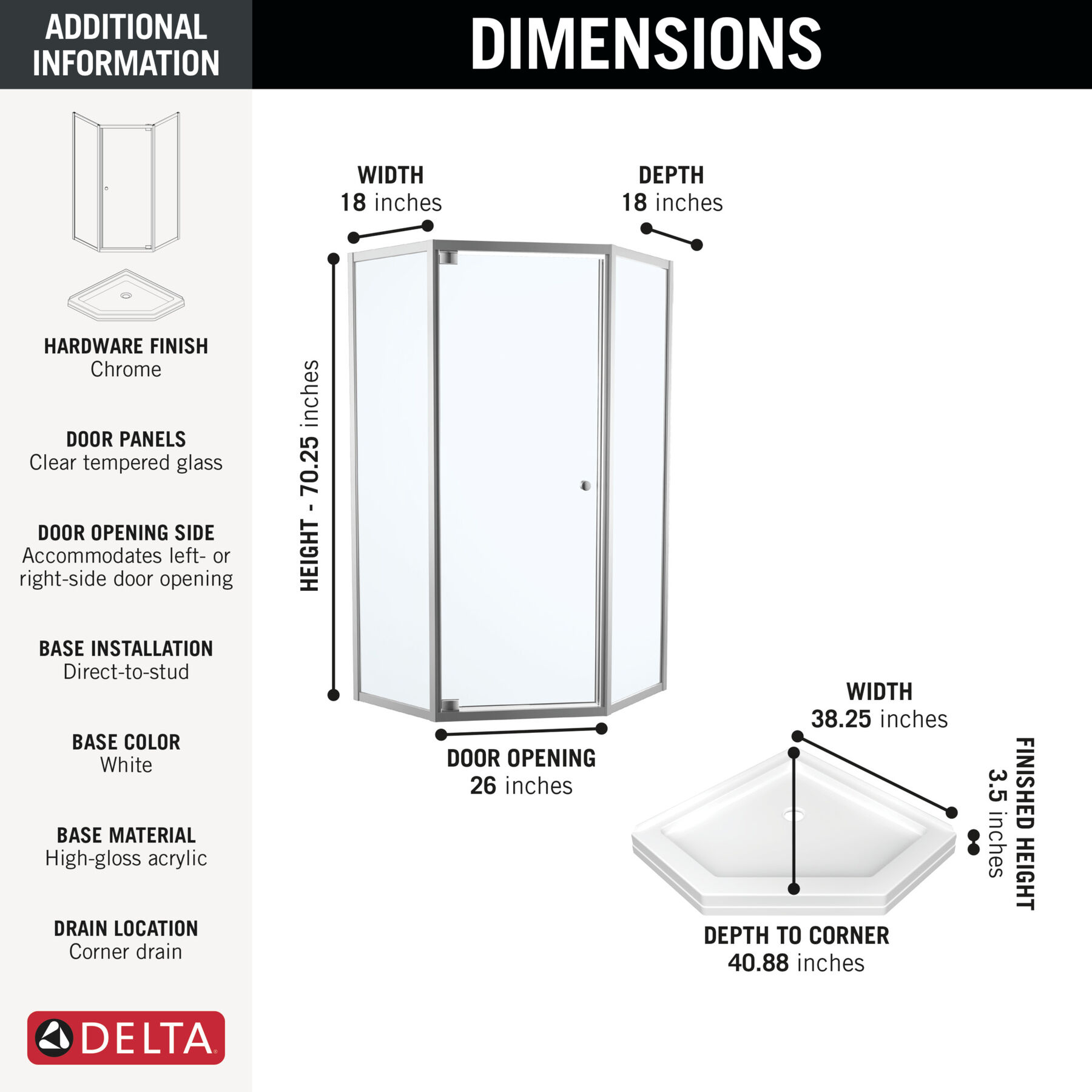38x38 Corner Shower Base with Door Bundle - Framed Neo, image 1