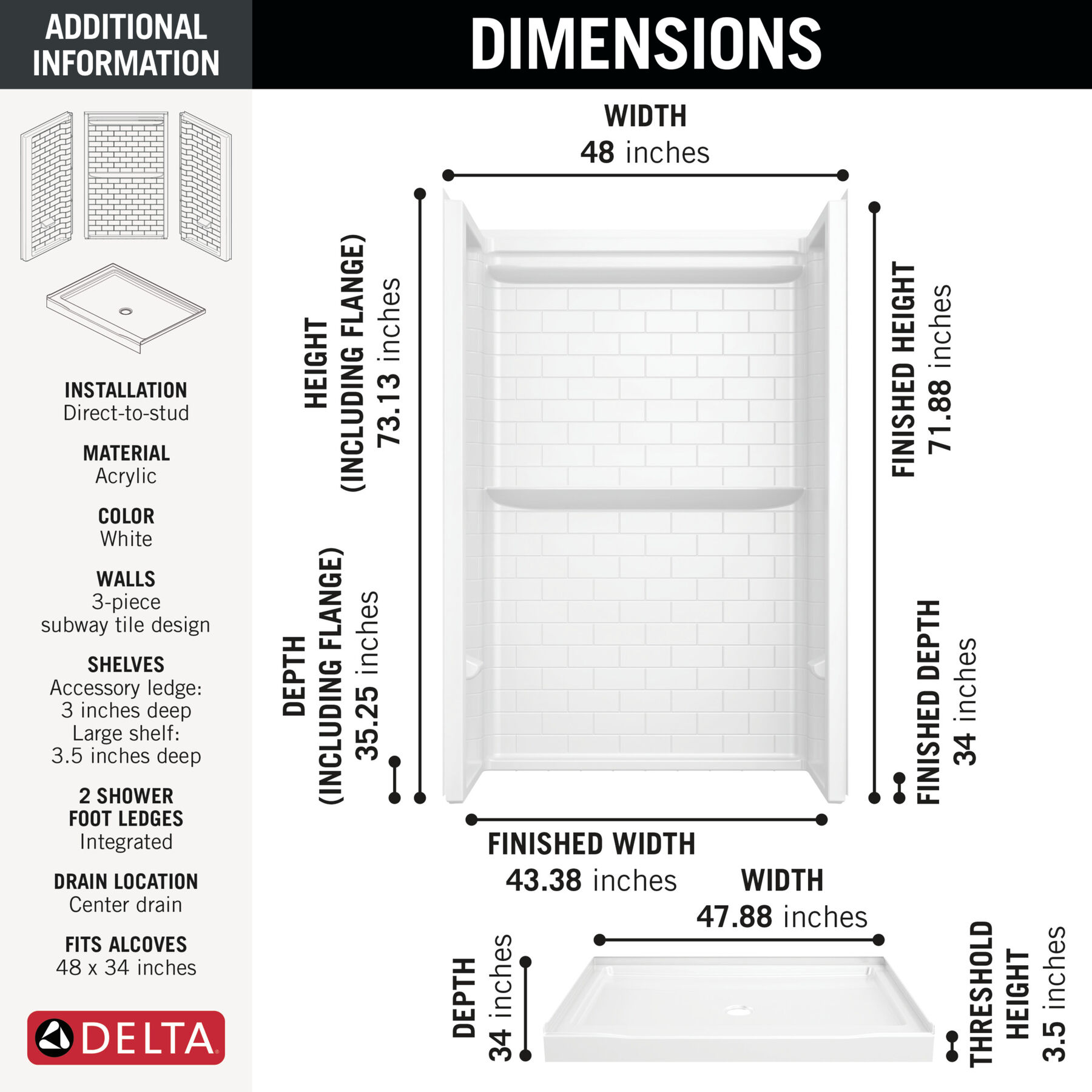 48x34 Alcove Shower Base with Tile Wall Bundle - Center Drain, image 1