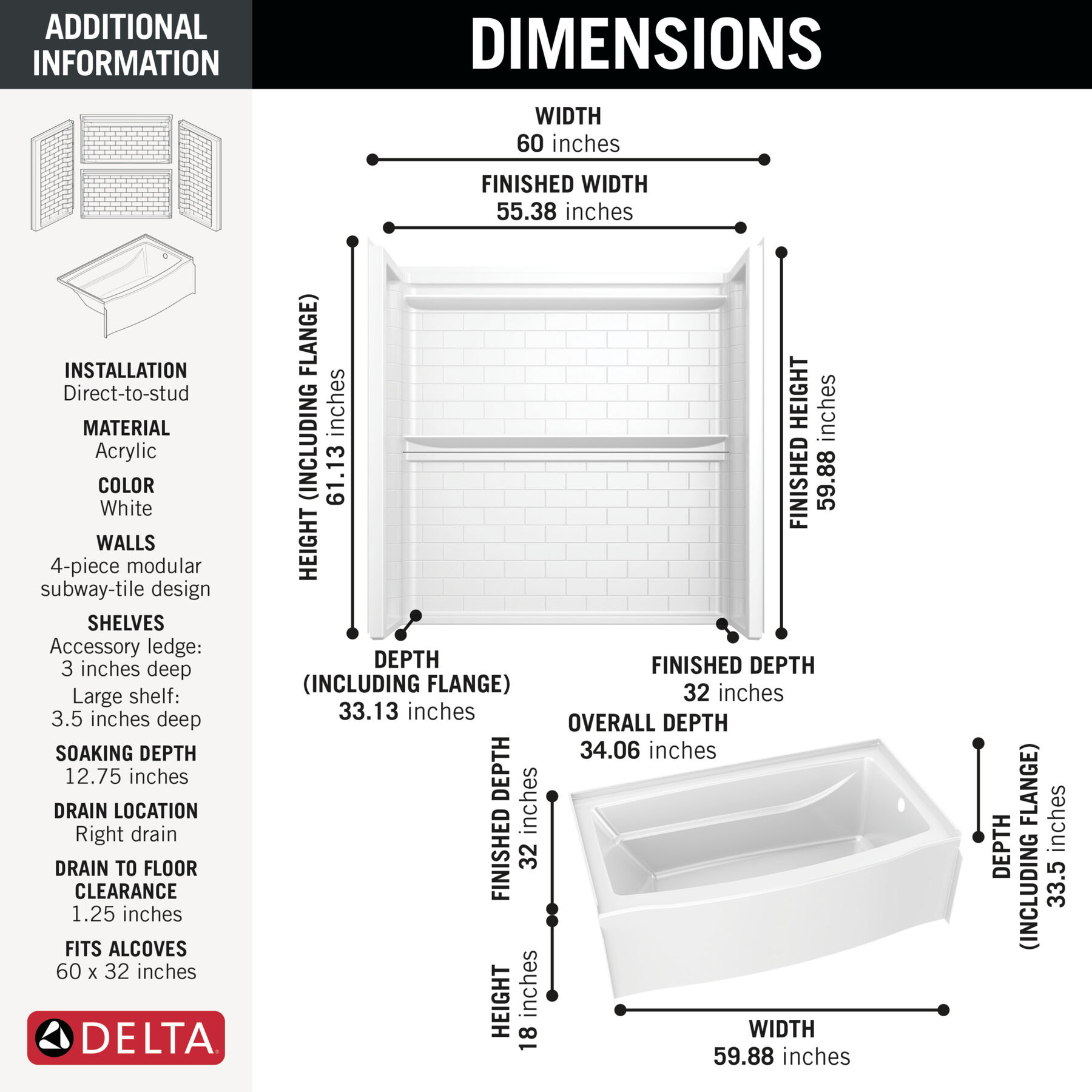 60x32 Alcove Bathtub with Tile Wall Bundle - Right Drain Curve, image 1