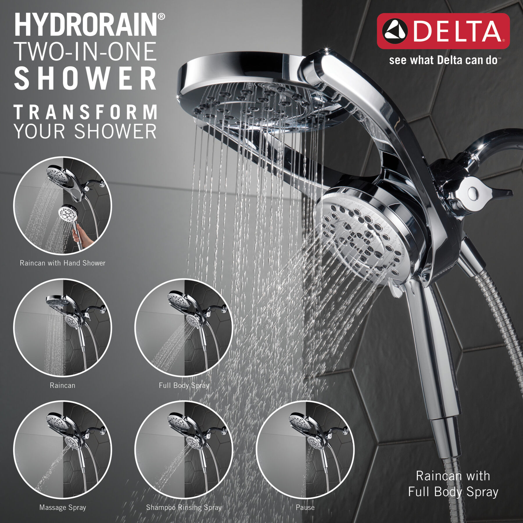 HydroRain® 4-Setting Two-in-One Shower Head (Recertified), image 2
