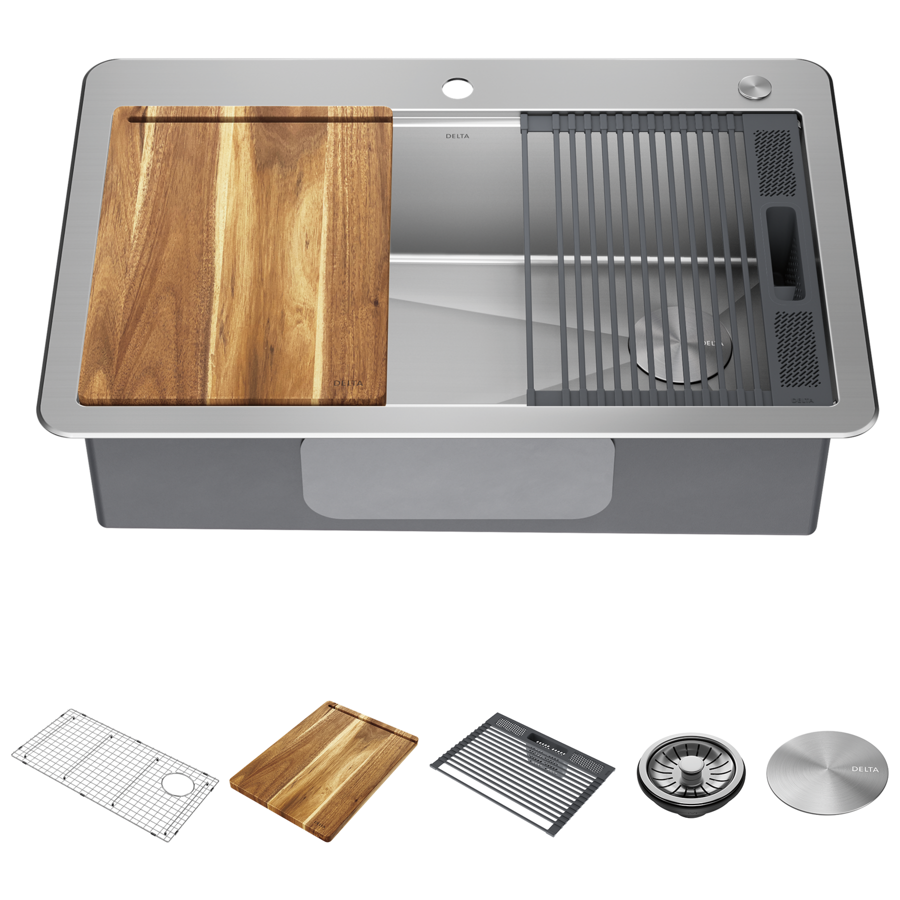 33” Workstation Kitchen Sink Drop-In Top Mount Stainless Steel Single Bowl with WorkFlow™ Ledge and Accessories
