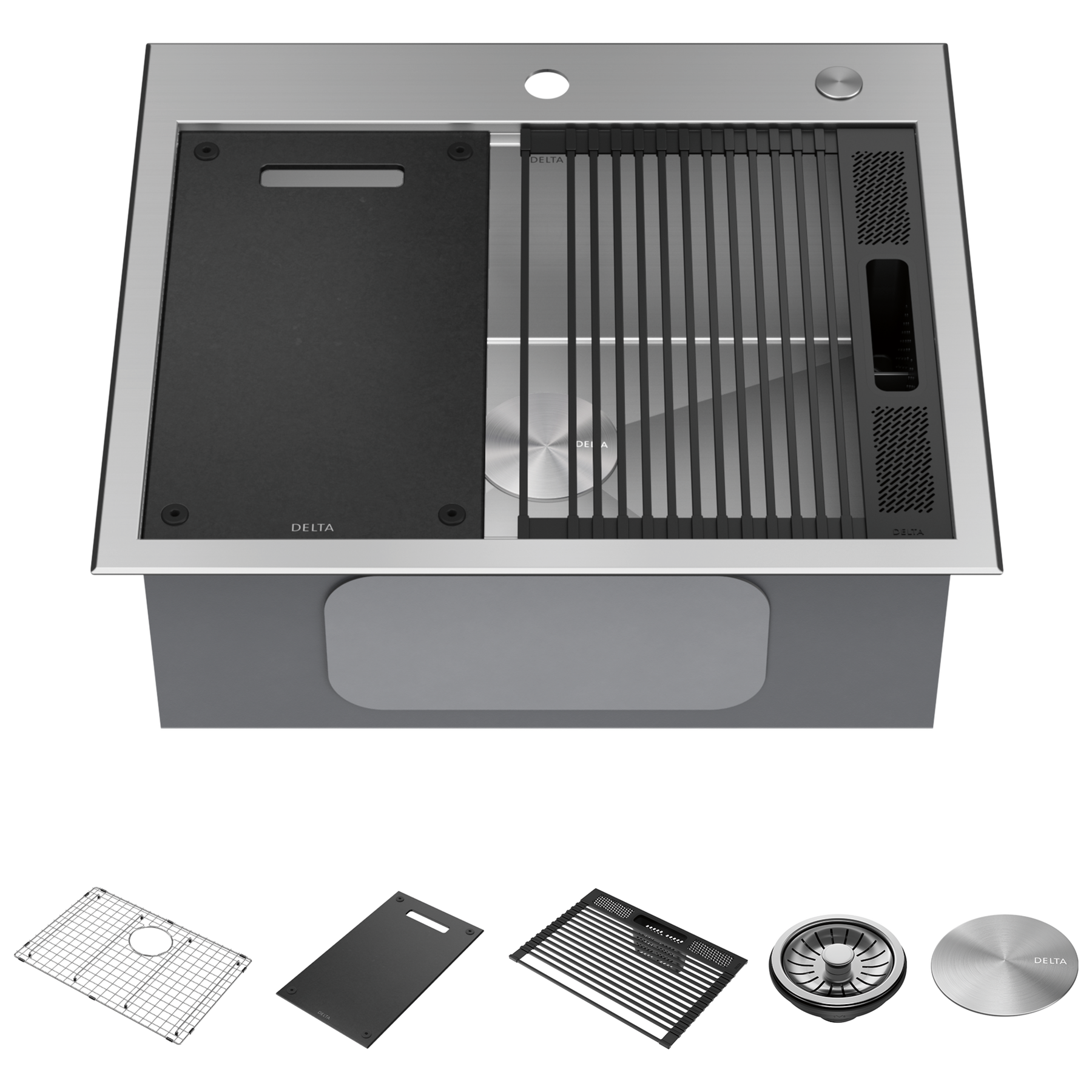 25” Workstation Kitchen Sink Drop-In Top Mount 16 Gauge Stainless Steel Single Bowl with WorkFlow™ Ledge and Accessories