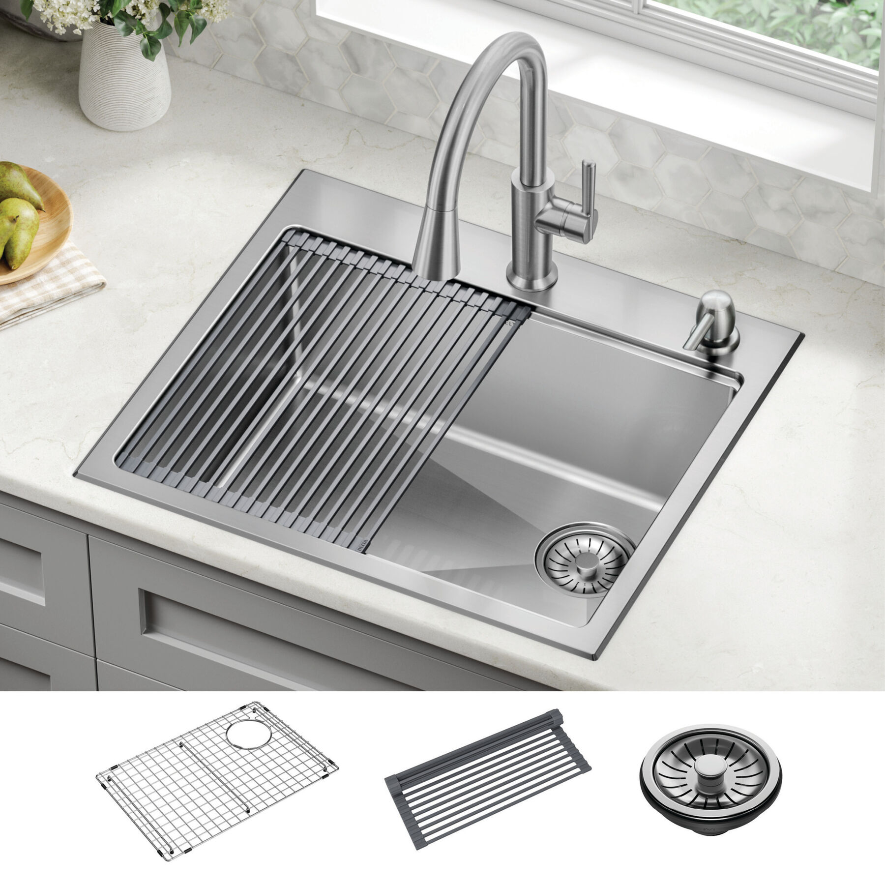 25” Stainless Steel Workstation Kitchen Sink Drop-In Undermount Single Bowl with WorkFlow™ Ledge and Accessories, image 11