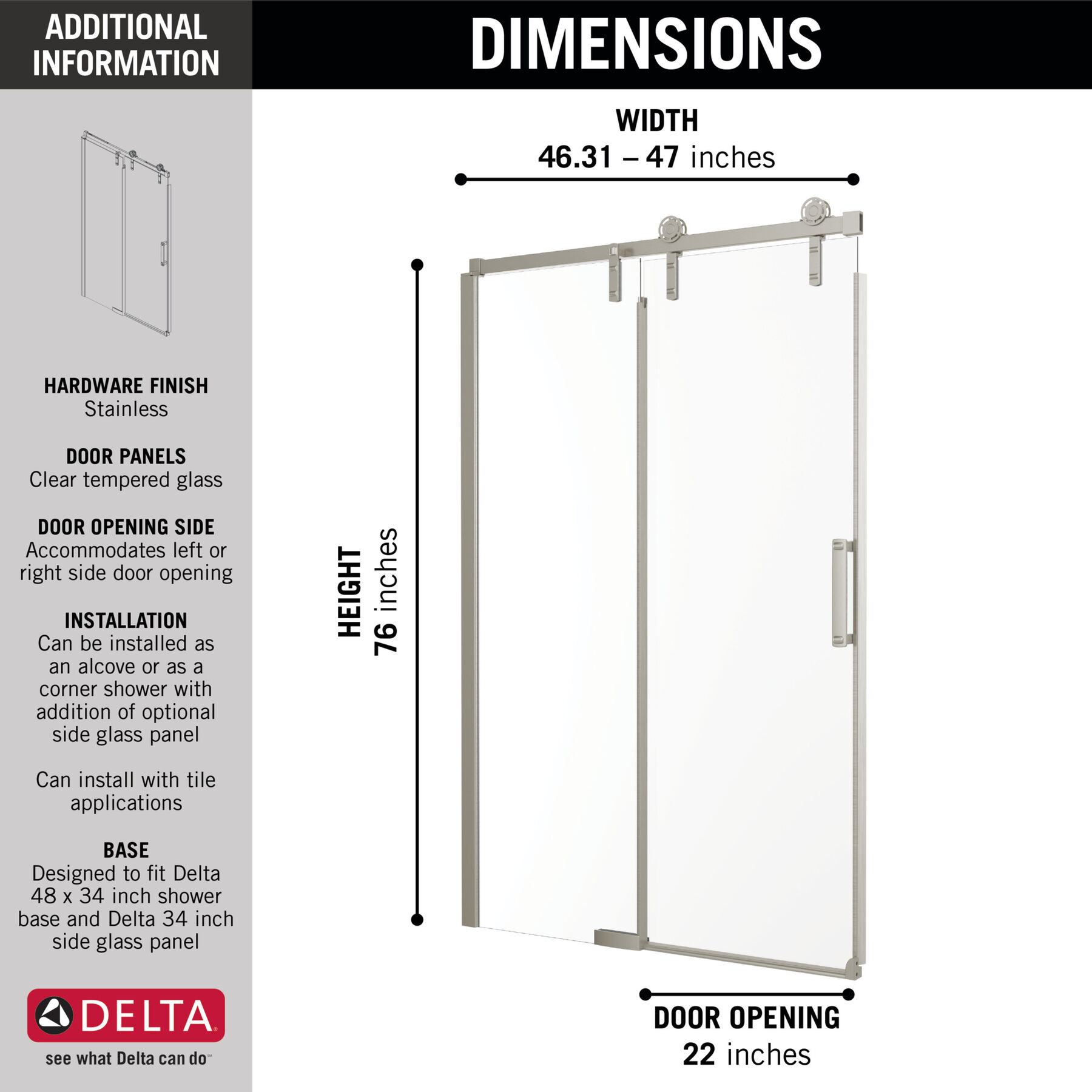 48”x34” Stainless Corner Shower Door, image 1