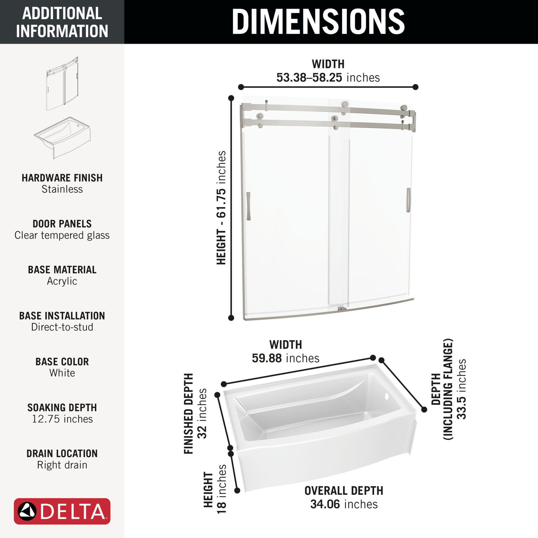 60x32 Alcove Bathtub with Door Bundle - Right Drain Curve, image 1
