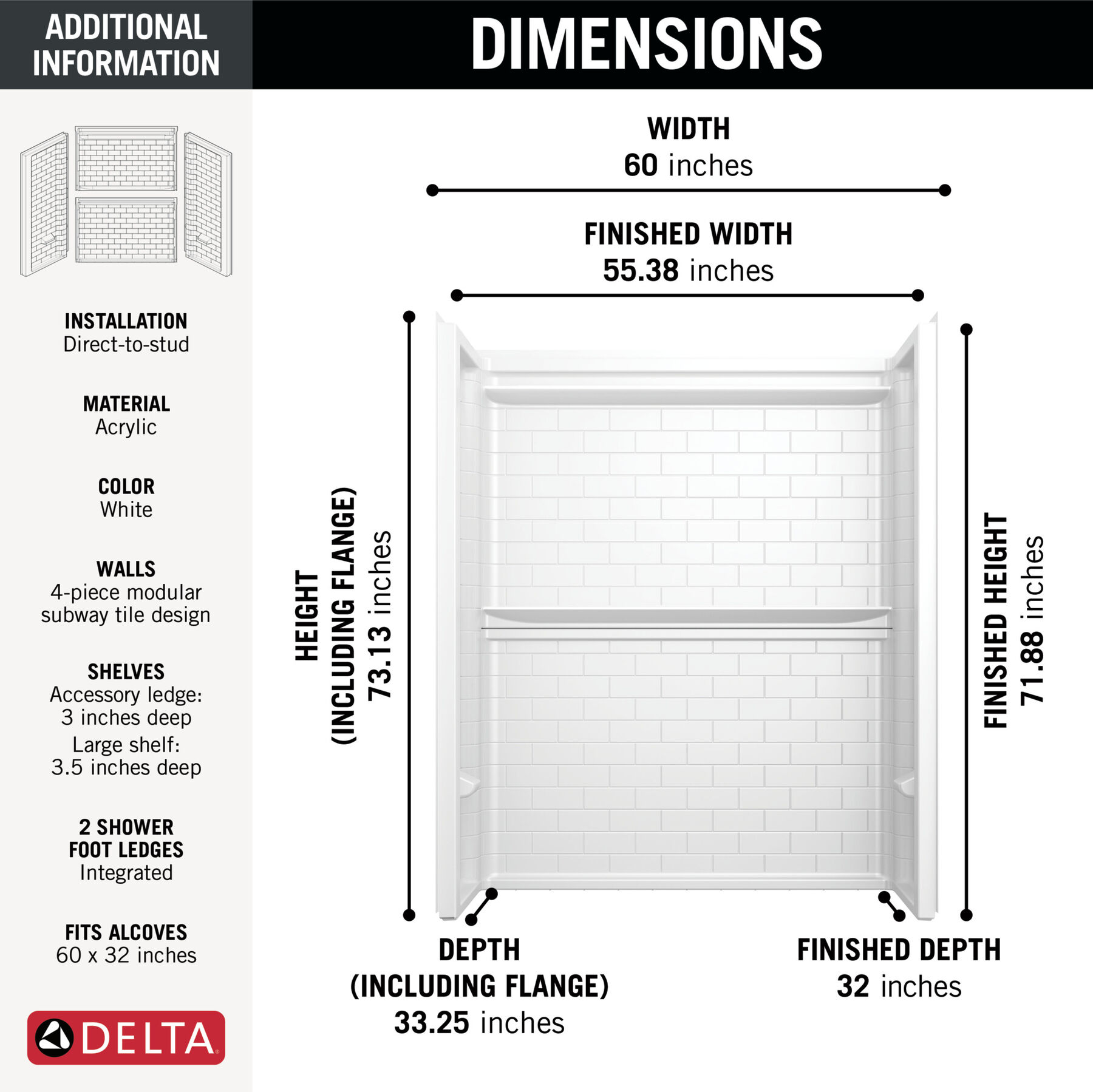 ProCrylic Tile 60 in. x 32 in. Shower Wall, image 3