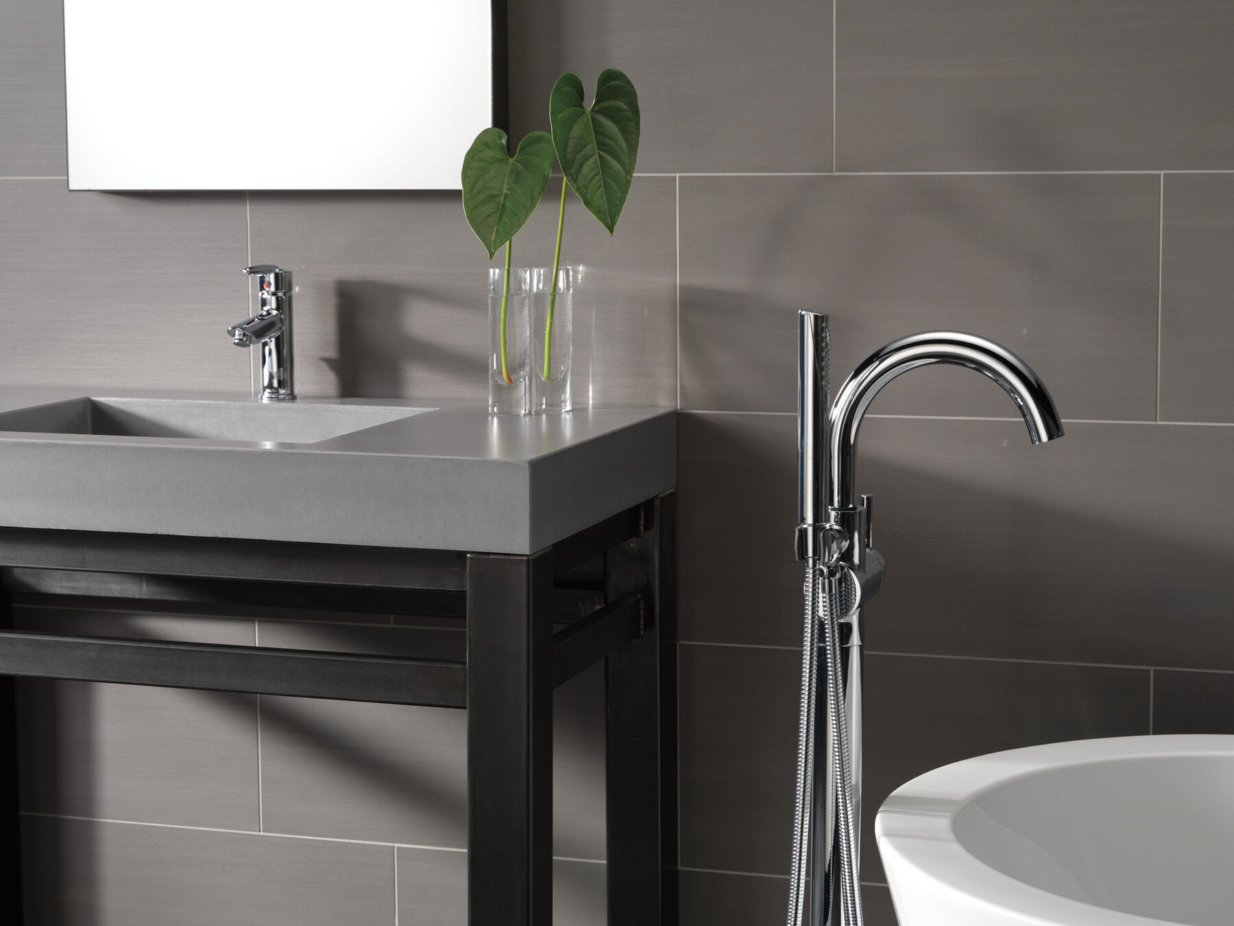 Single Handle Floor Mount Tub Filler Trim with Hand Shower, image 4