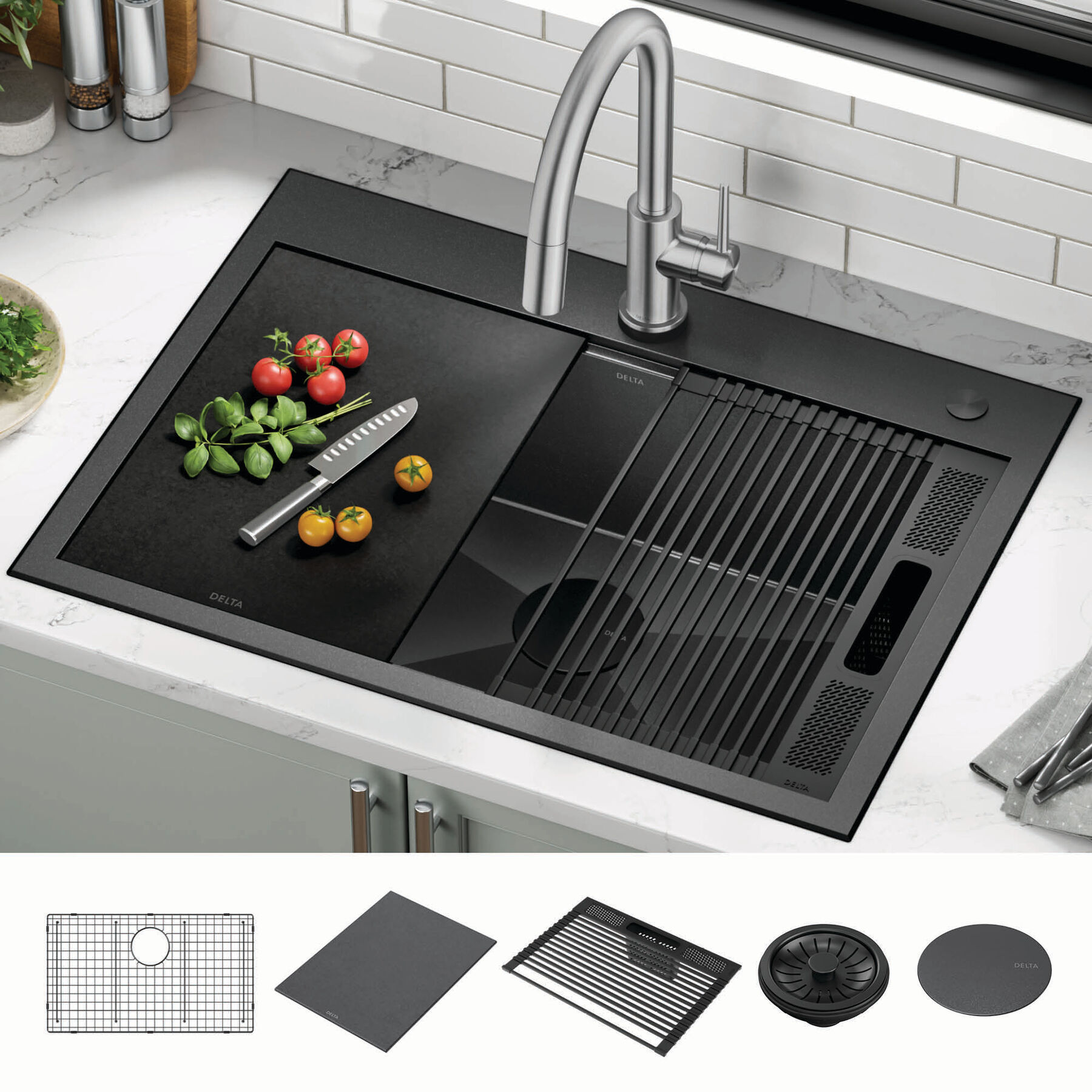 30” Drop-In Top Mount 16 Gauge Workstation Kitchen Sink Single Bowl with WorkFlow™ Ledge and Accessories, image 11