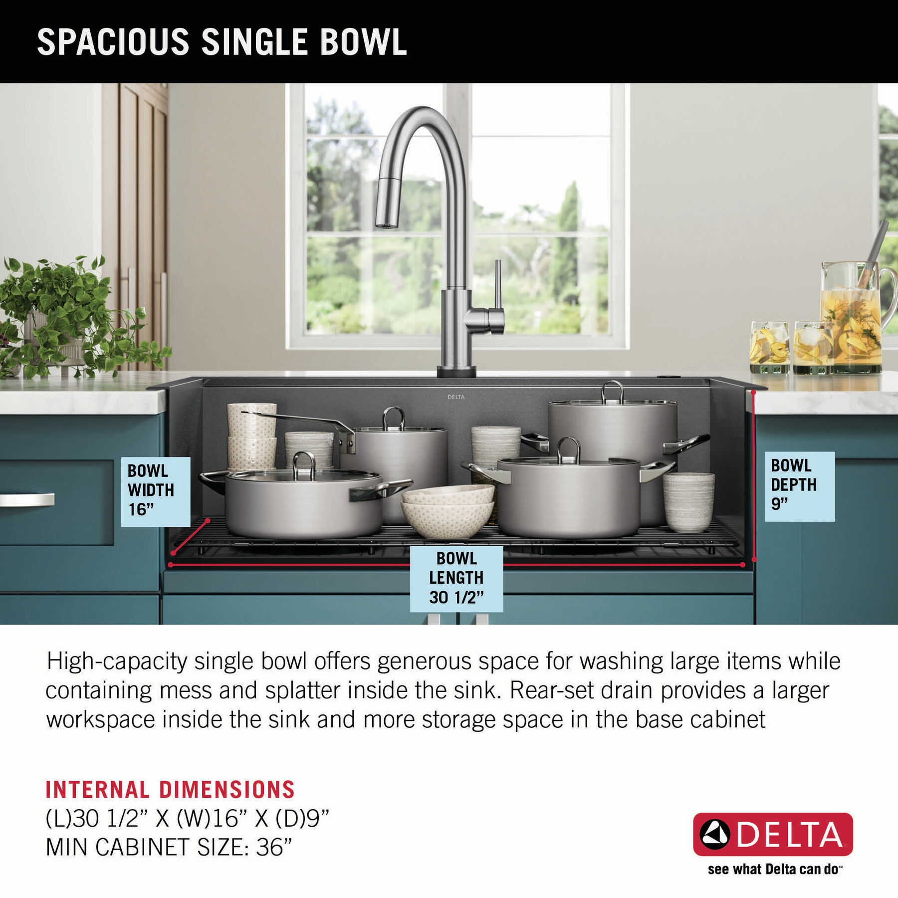 33” Drop-In Top Mount 16 Gauge Workstation Kitchen Sink Single Bowl with WorkFlow™ Ledge and Accessories, image 3