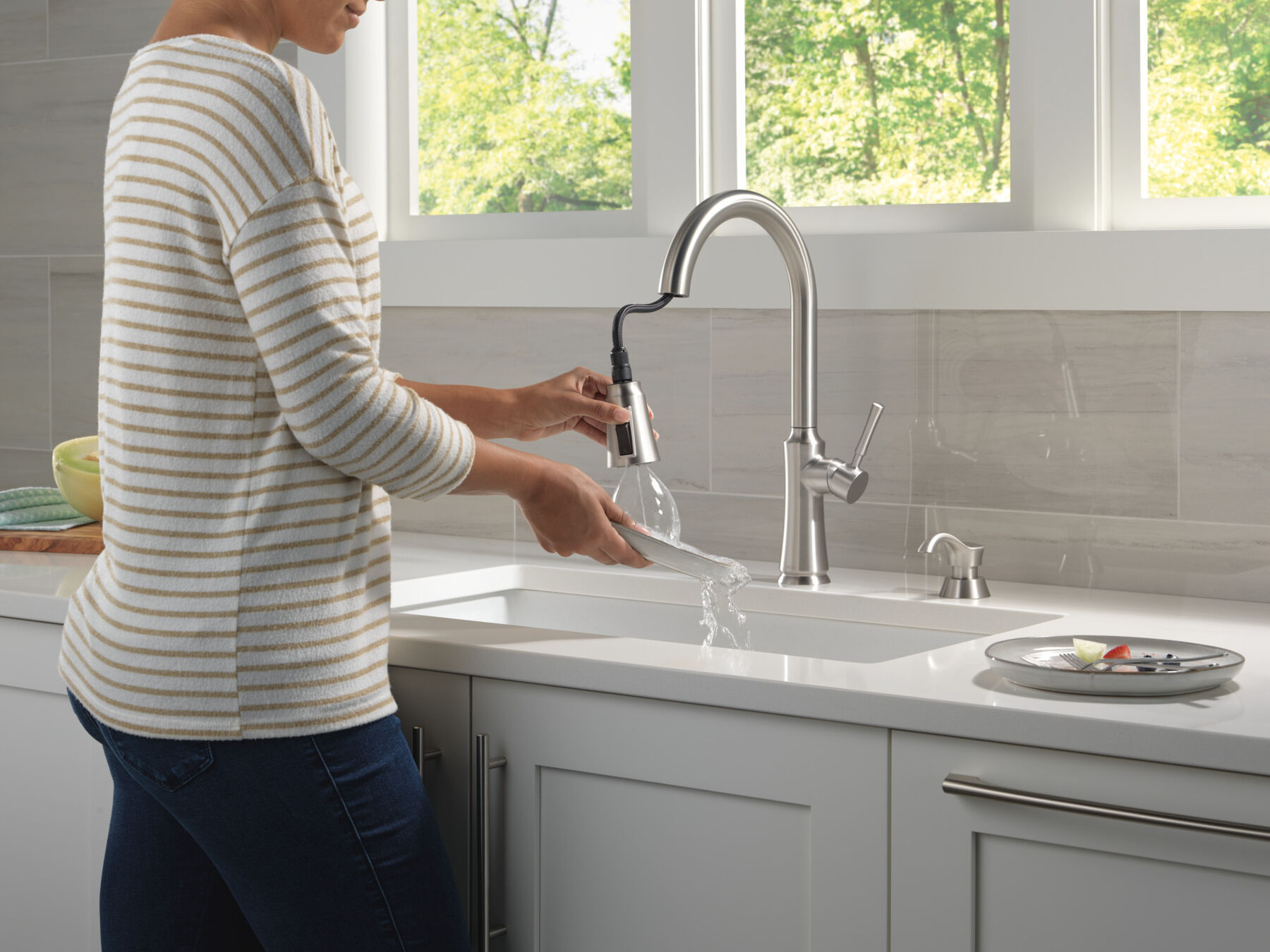 Single Handle Pull-Down Kitchen Faucet with Soap Dispenser and ShieldSpray Technology, image 5