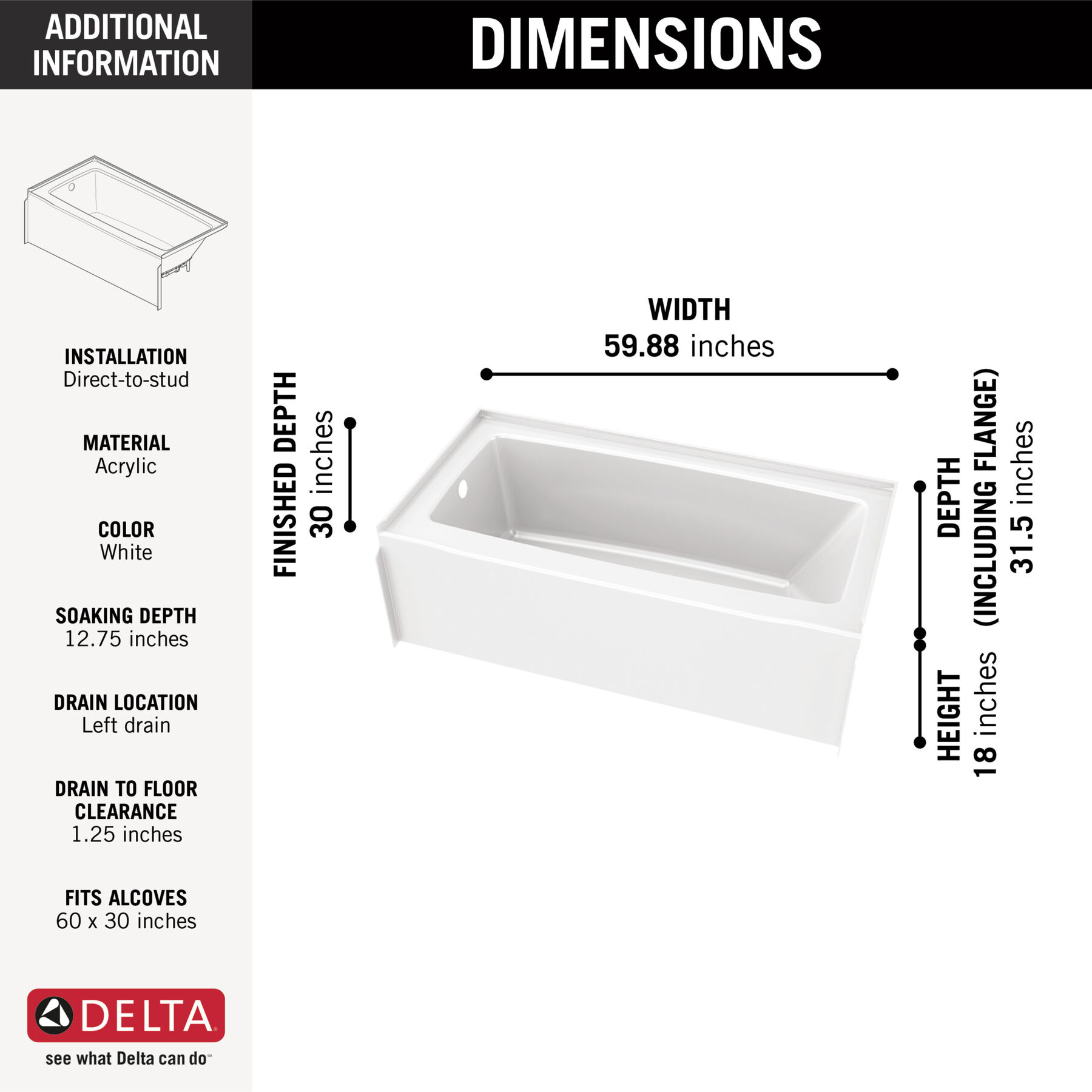 60x30 Alcove Bathtub, Wall Set and Trim Bundle - Left Drain, image 3