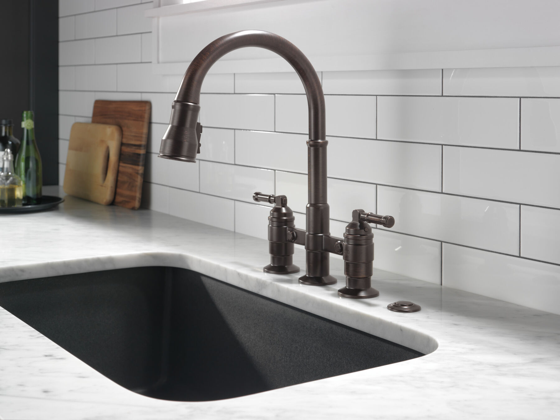 Two Handle Pull-Down Bridge Kitchen Faucet, image 1