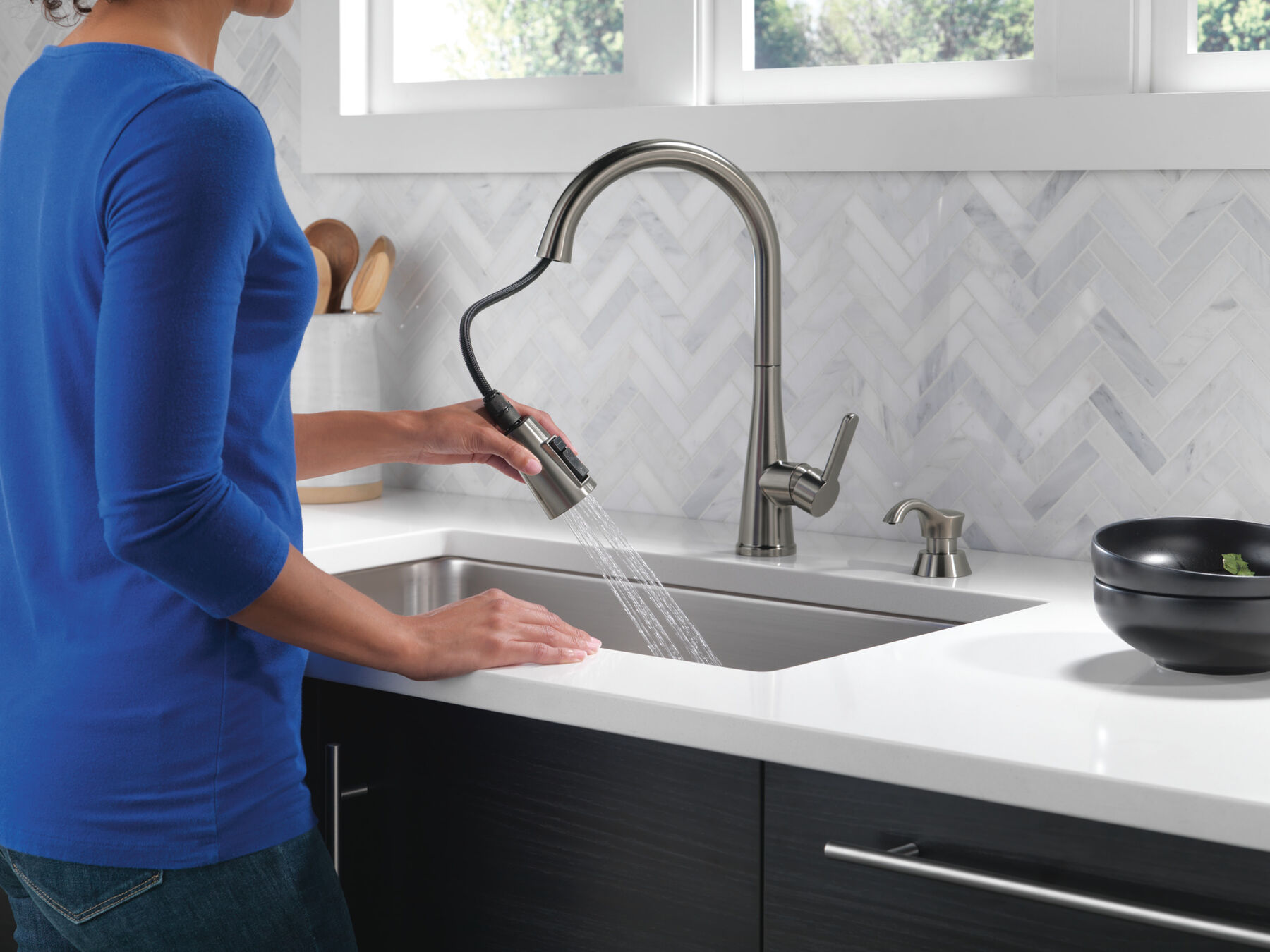 Single Handle Pull-Down Kitchen Faucet with Soap Dispenser and ShieldSpray® Technology, image 3