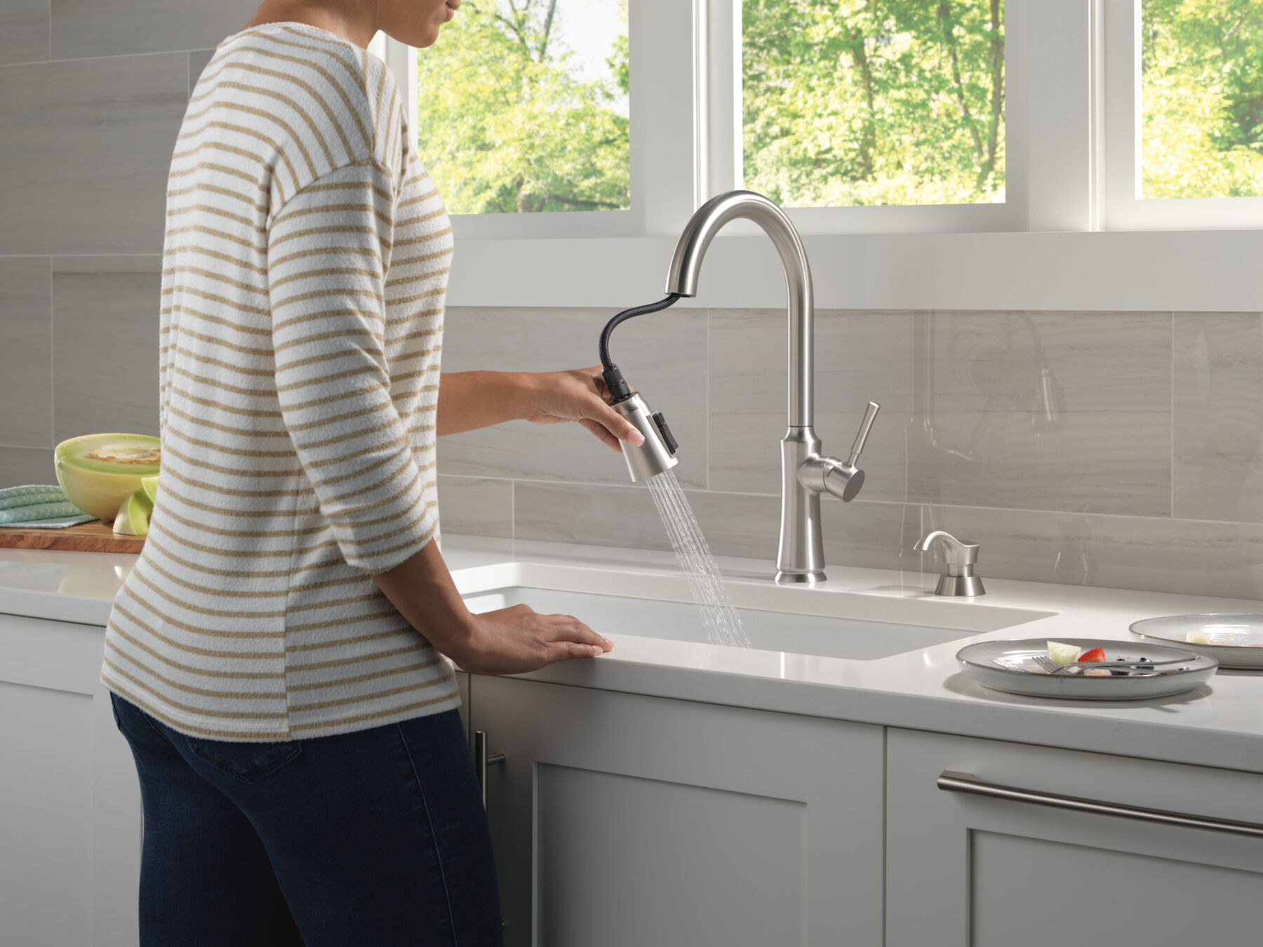 Single Handle Pull-Down Kitchen Faucet with Soap Dispenser and ShieldSpray Technology, image 4