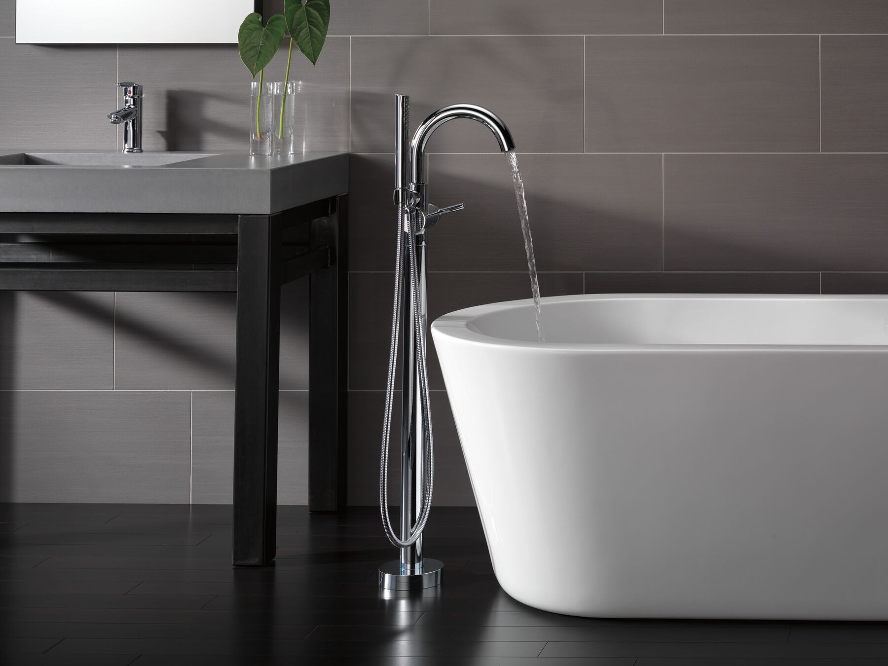 Single Handle Floor Mount Tub Filler Trim with Hand Shower, image 6