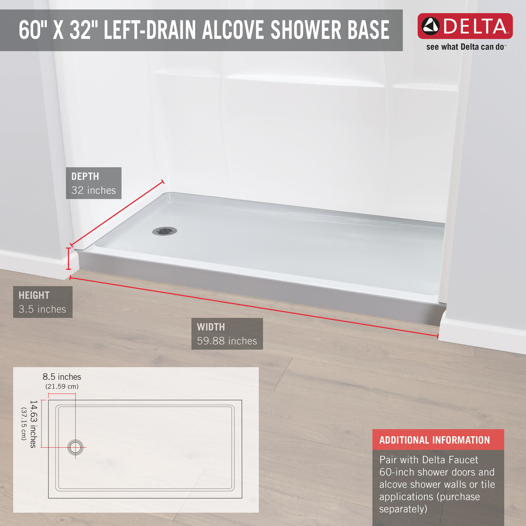 ProCrylic™ 60" x 32" Shower Base Left Drain, image 2