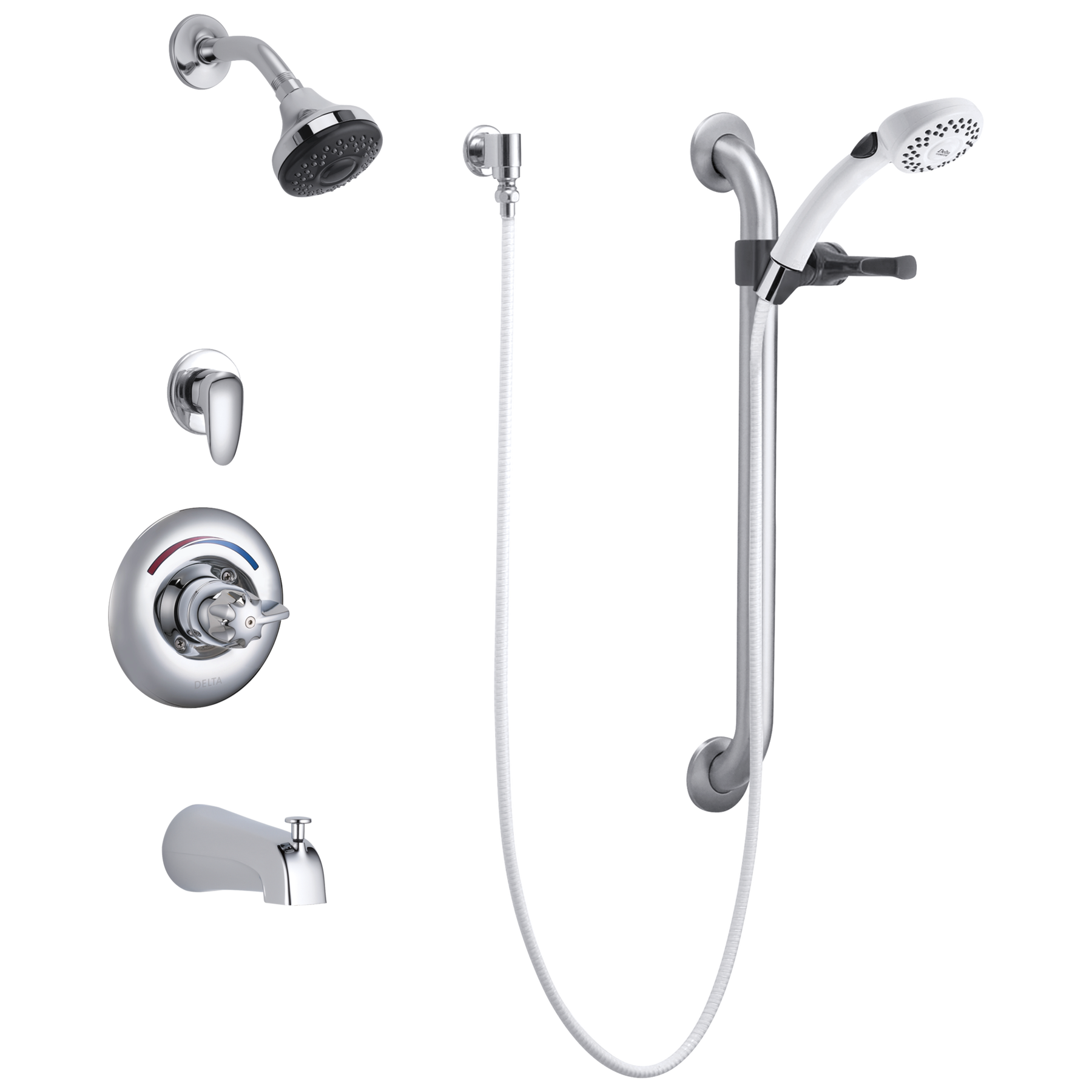 Universal Tub and Dual Shower Trim Diverter Hand Shower and Grab Bar