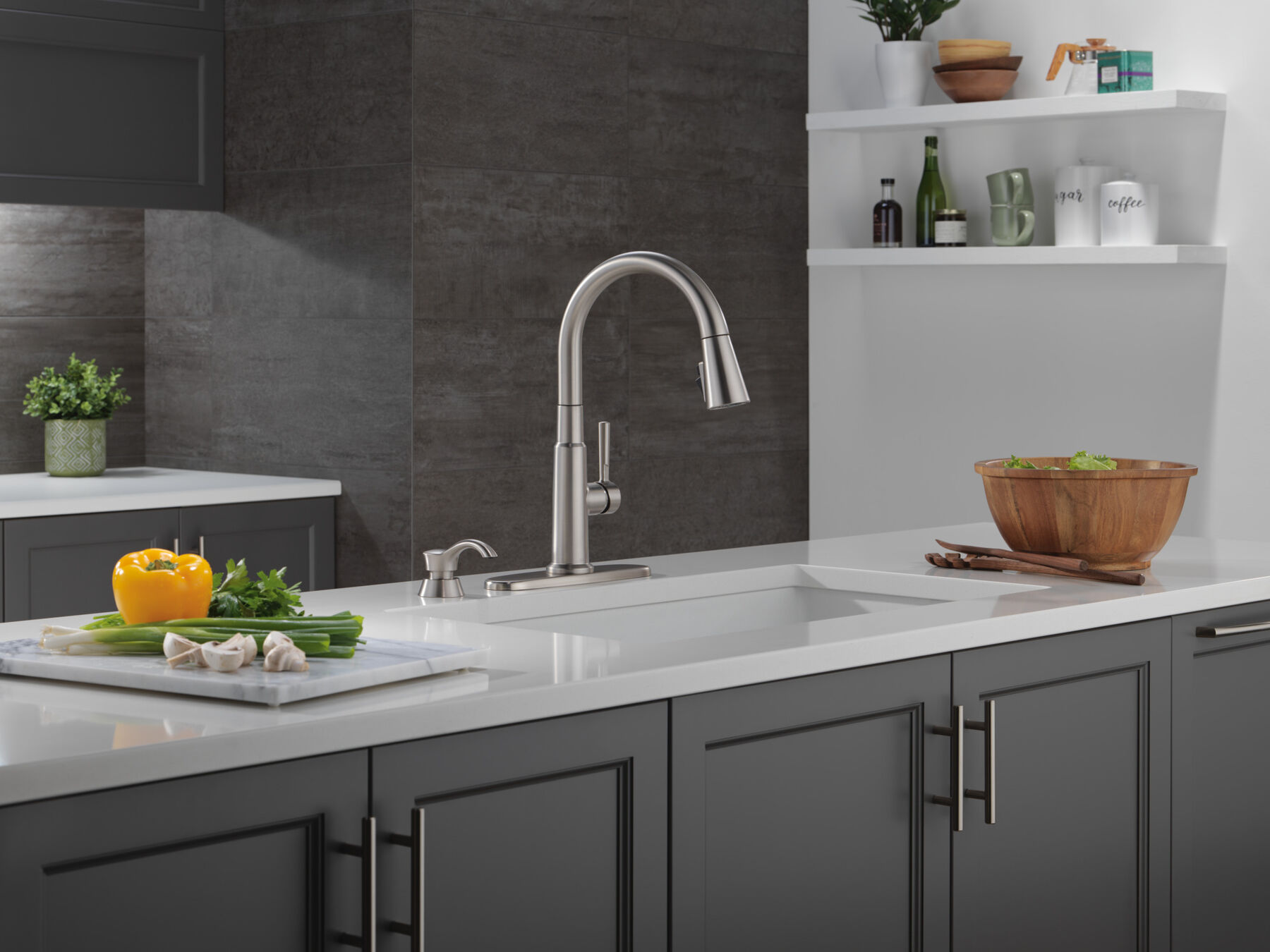 Single Handle Pull-Down Kitchen Faucet with Soap Dispenser and ShieldSpray® Technology, image 2