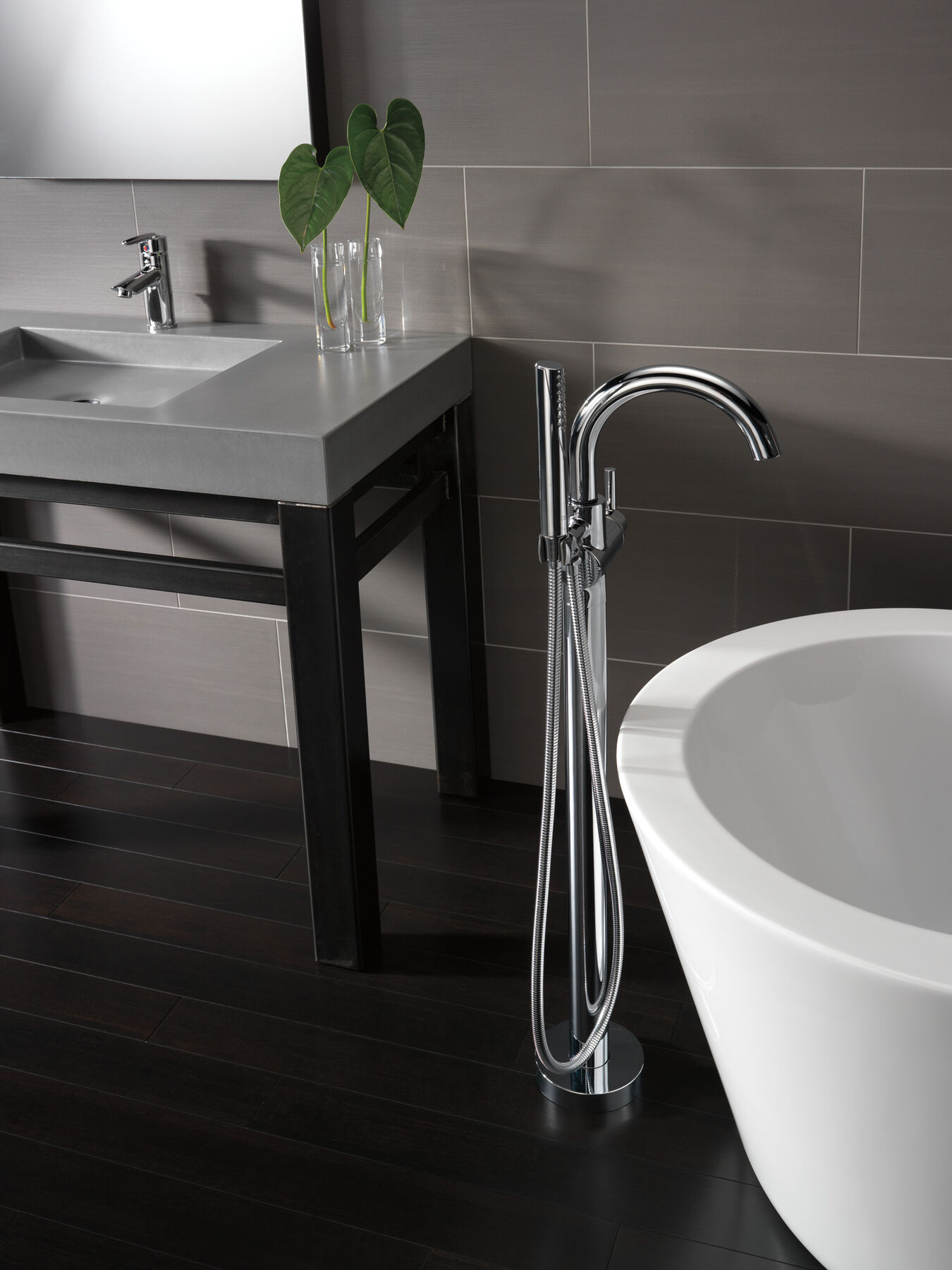 Single Handle Floor Mount Tub Filler Trim with Hand Shower, image 7