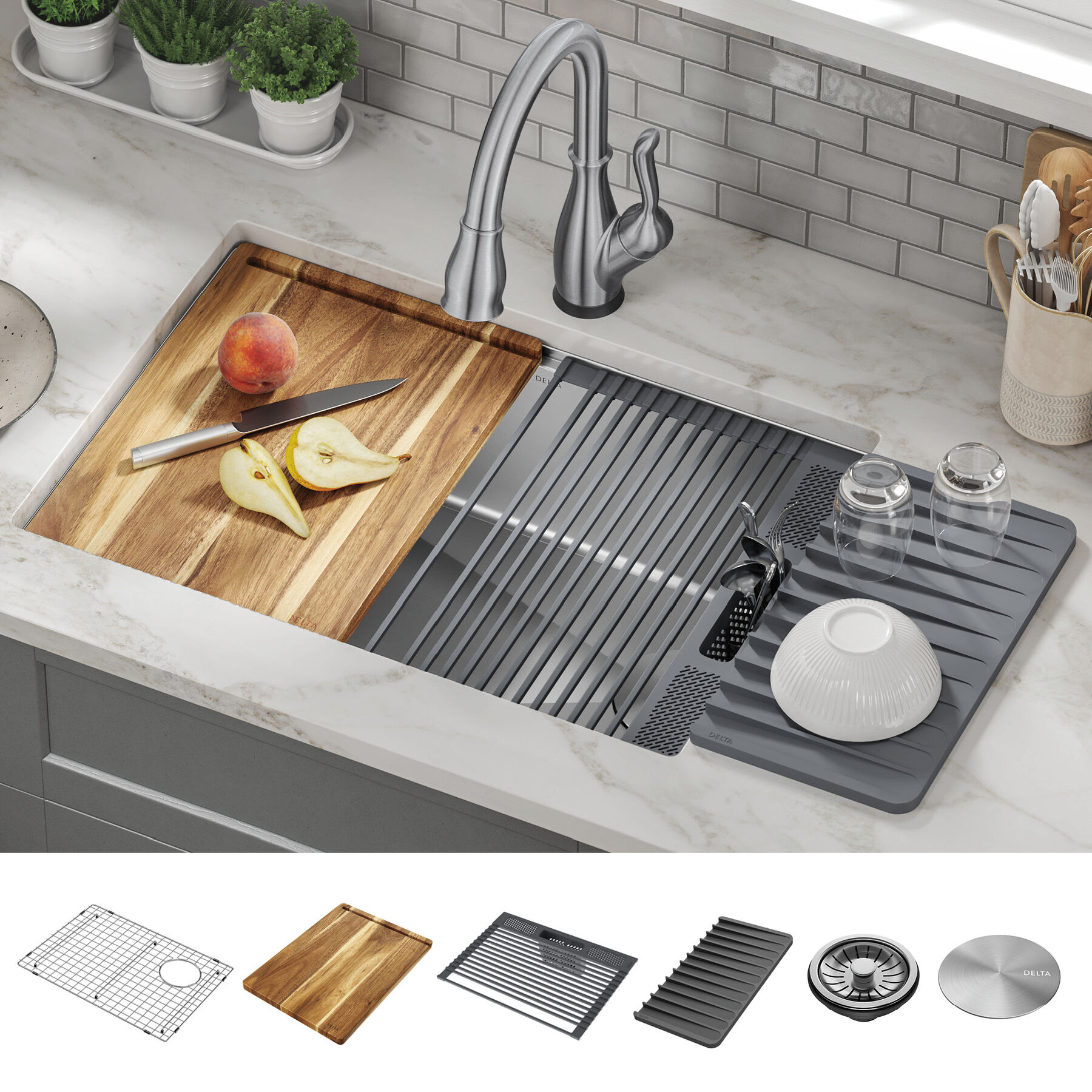 27” Workstation Kitchen Sink Undermount Stainless Steel Single Bowl with WorkFlow™ Ledge and Accessories, image 12