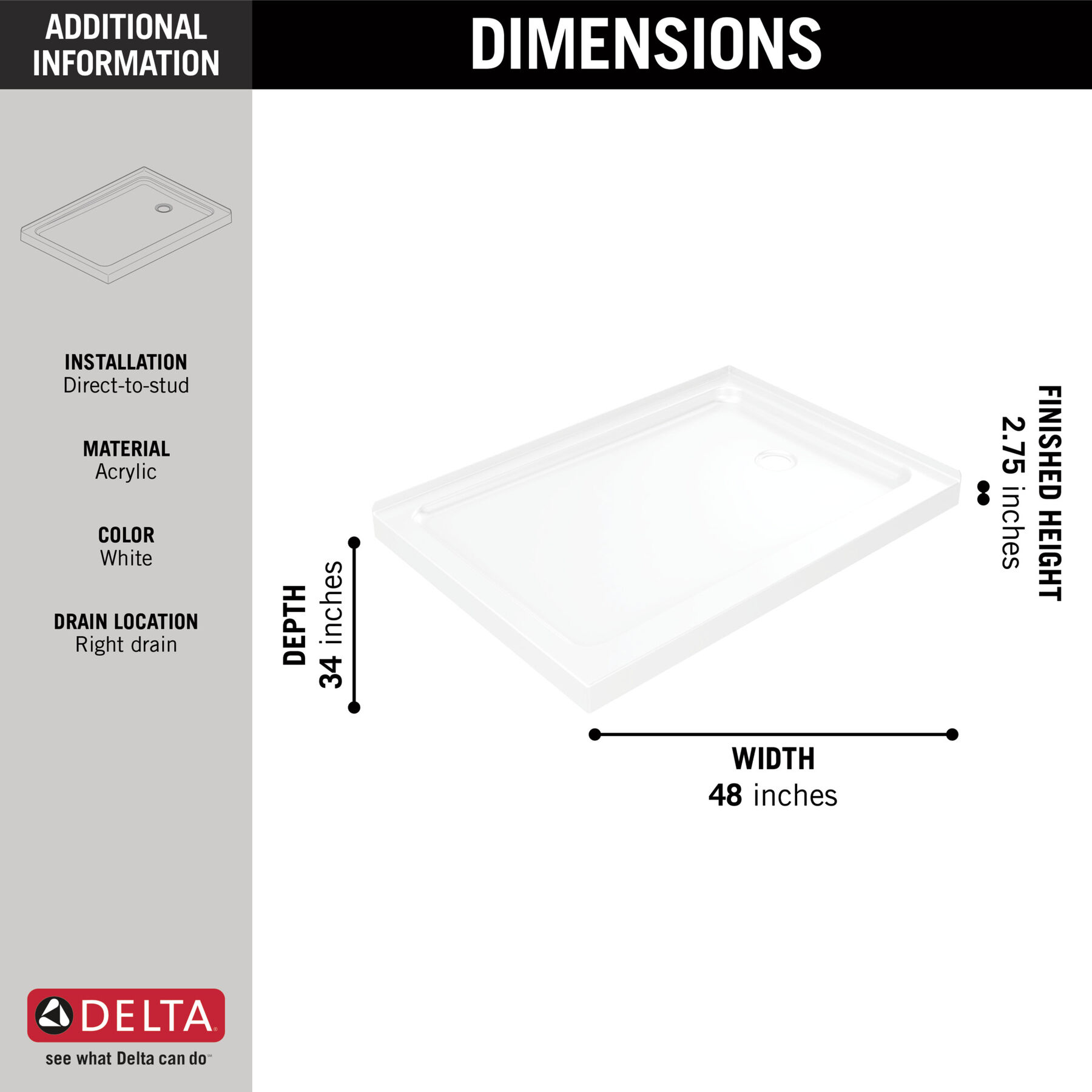 48”x34” Right Drain Corner Shower Base, image 1