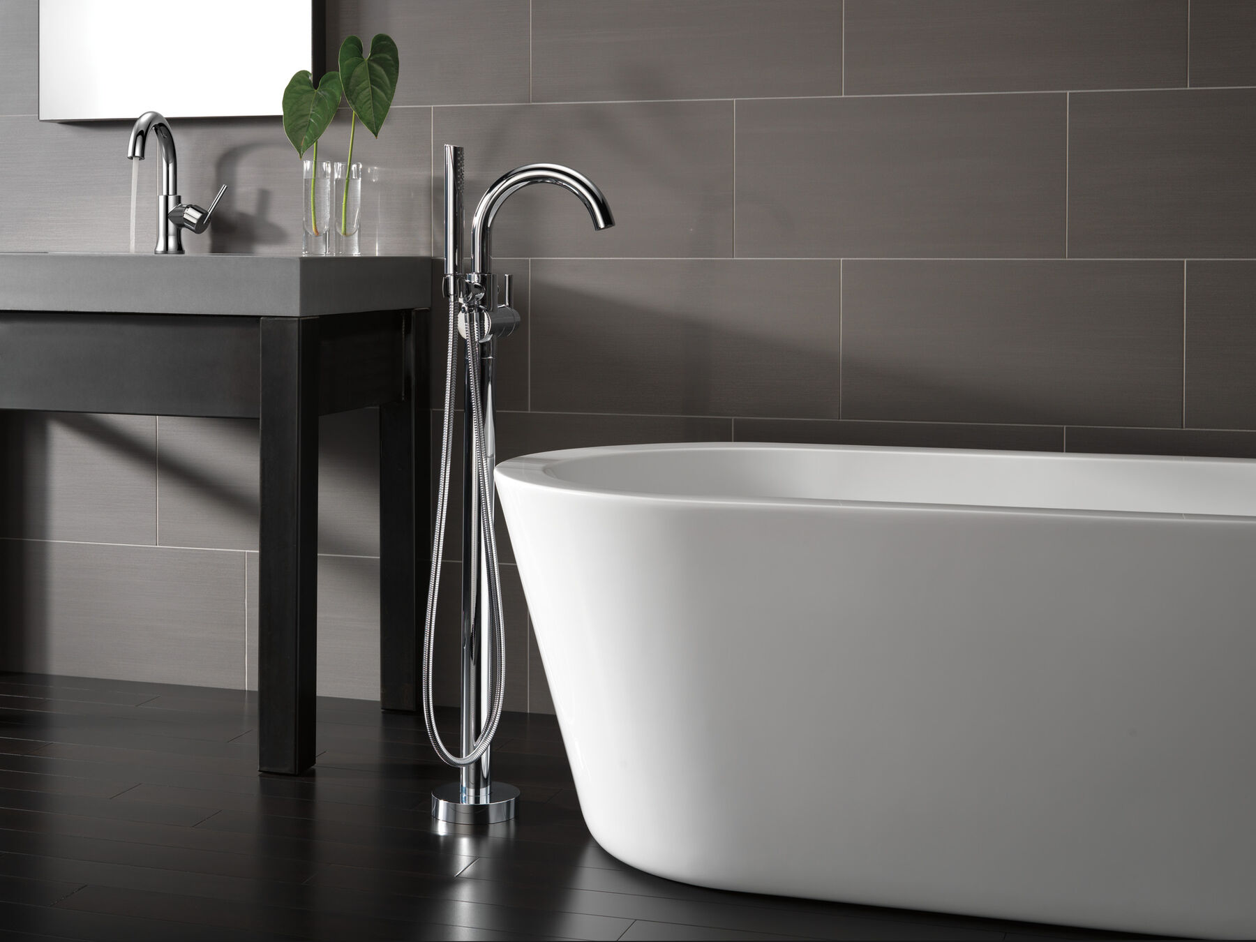 Single Handle Floor Mount Tub Filler Trim with Hand Shower, image 2