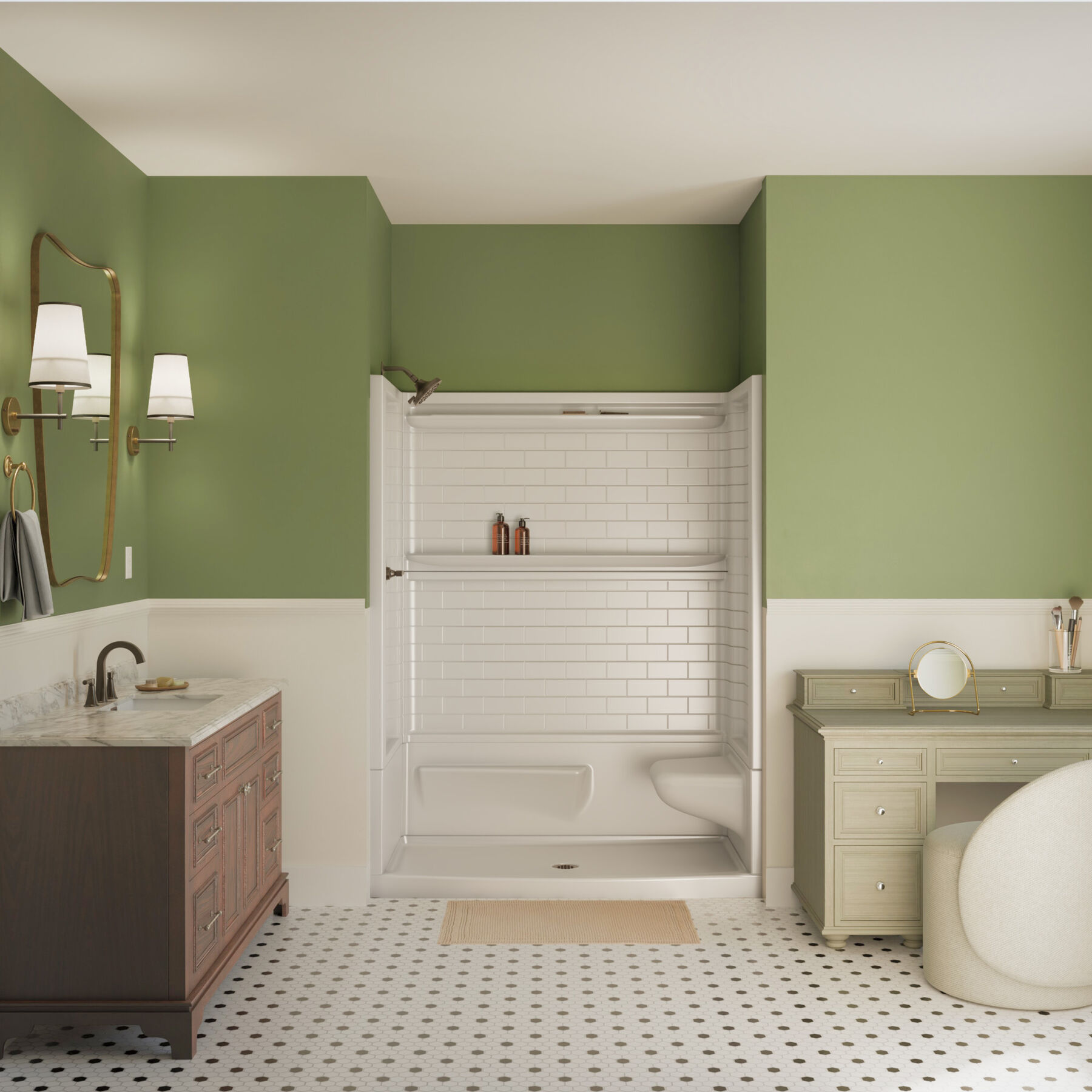 60x32 Alcove Shower Base with Tile Wall Bundle  - Right Seat Center Drain Curve, image 2