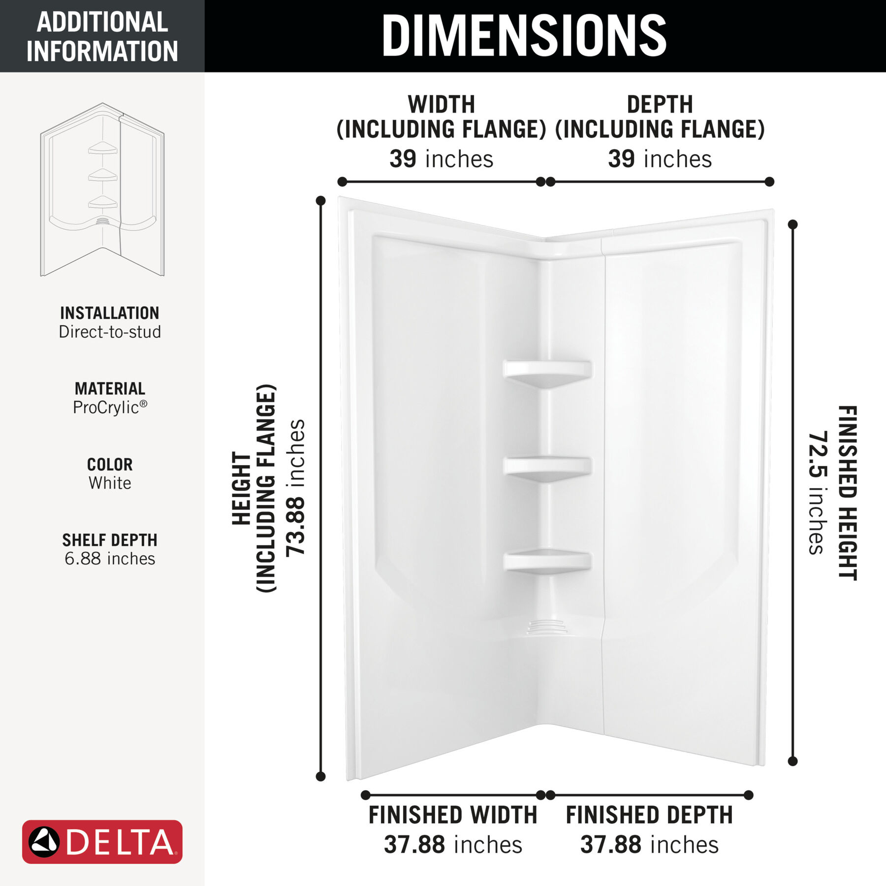 38'' Direct-to-Stud Corner Shower Wall Set