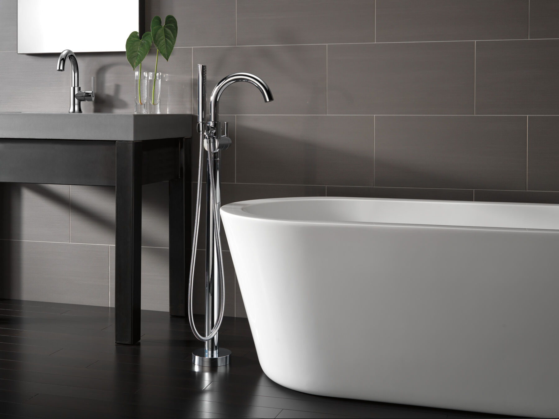 Single Handle Floor Mount Tub Filler Trim with Hand Shower, image 1