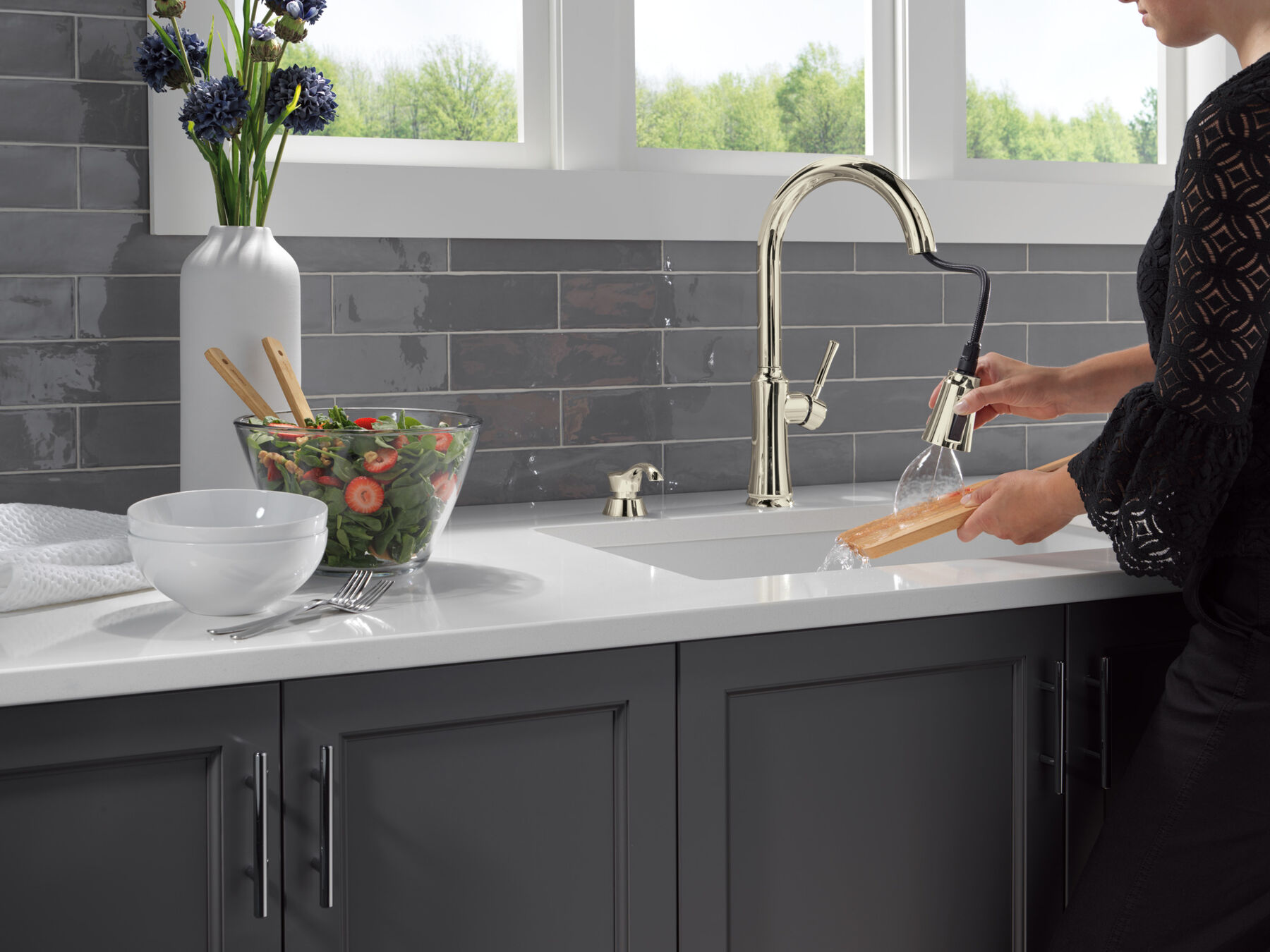 Single Handle Pull-Down Kitchen Faucet with Soap Dispenser and ShieldSpray Technology, image 5