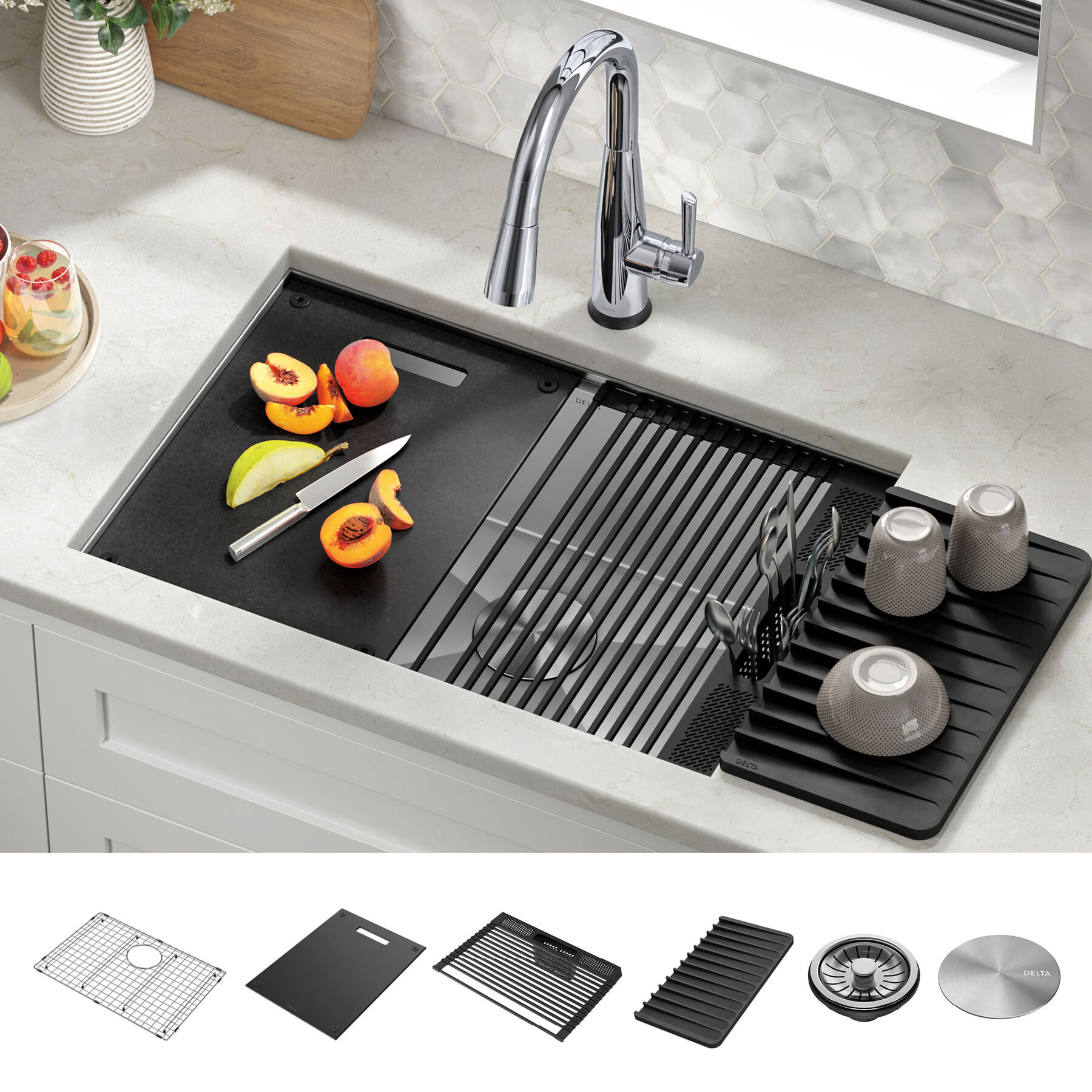 27” Workstation Kitchen Sink Undermount 16 Gauge Stainless Steel Single Bowl with WorkFlow™ Ledge and Accessories, image 12