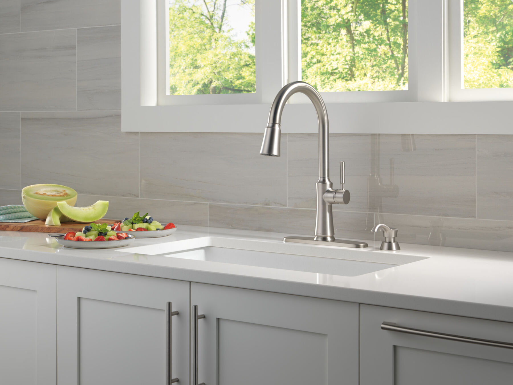 Single Handle Pull-Down Kitchen Faucet with Soap Dispenser and ShieldSpray Technology, image 2