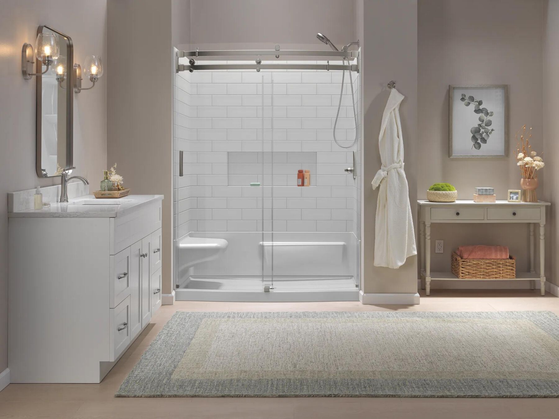 60x32 Alcove Shower Base with Door Bundle - Left Seat Center Drain Curve