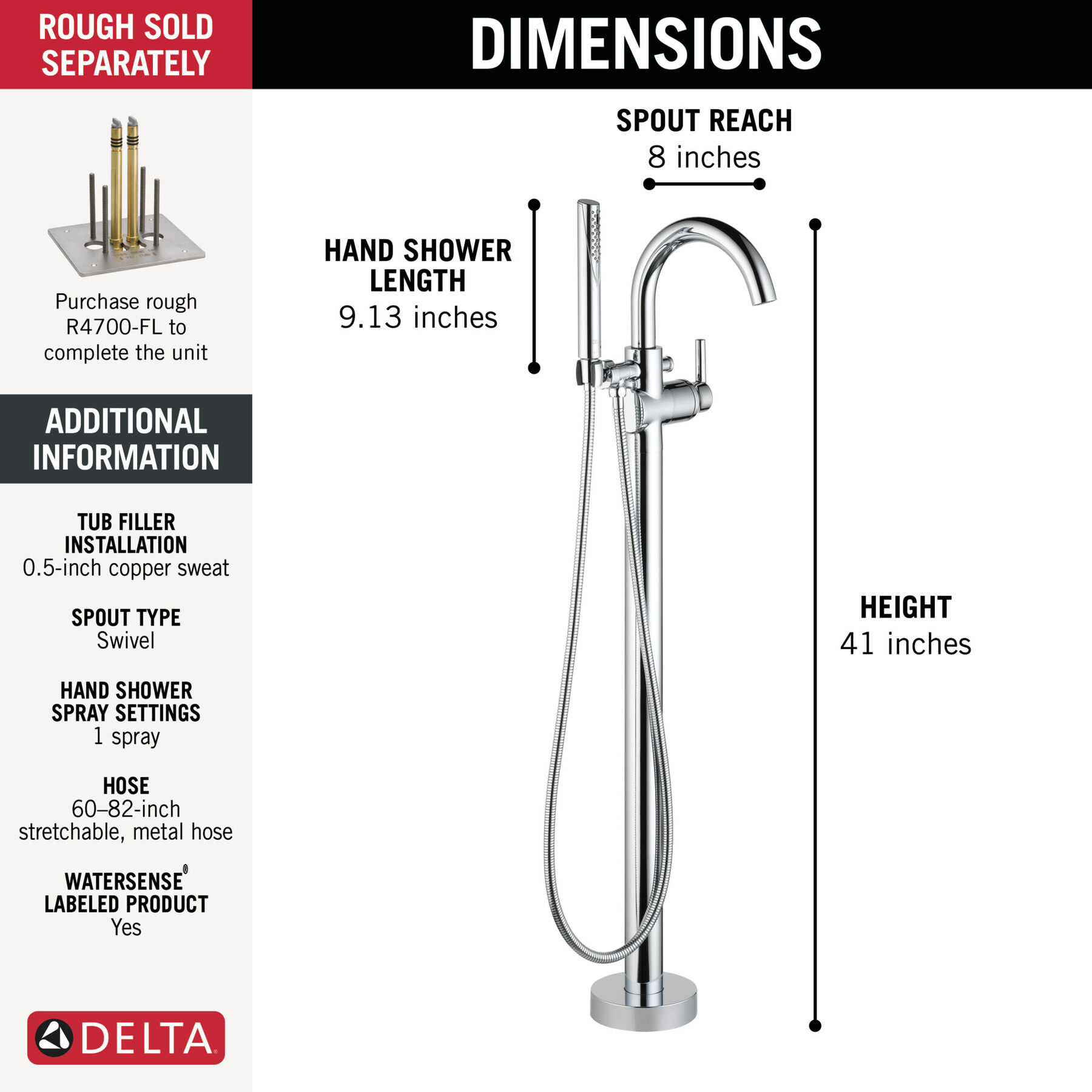Single Handle Floor Mount Tub Filler Trim with Hand Shower, image 14