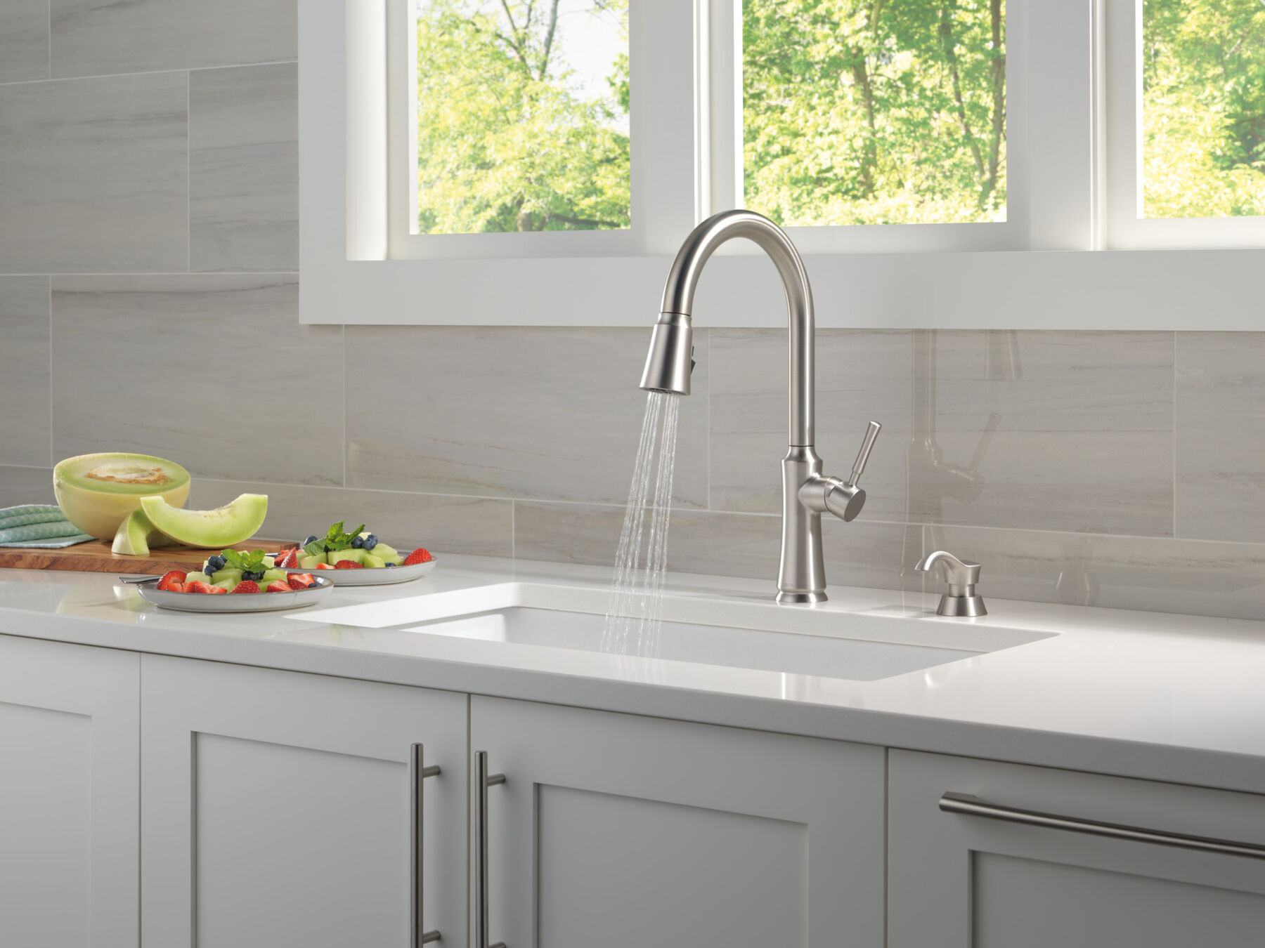 Single Handle Pull-Down Kitchen Faucet with Soap Dispenser and ShieldSpray Technology, image 9