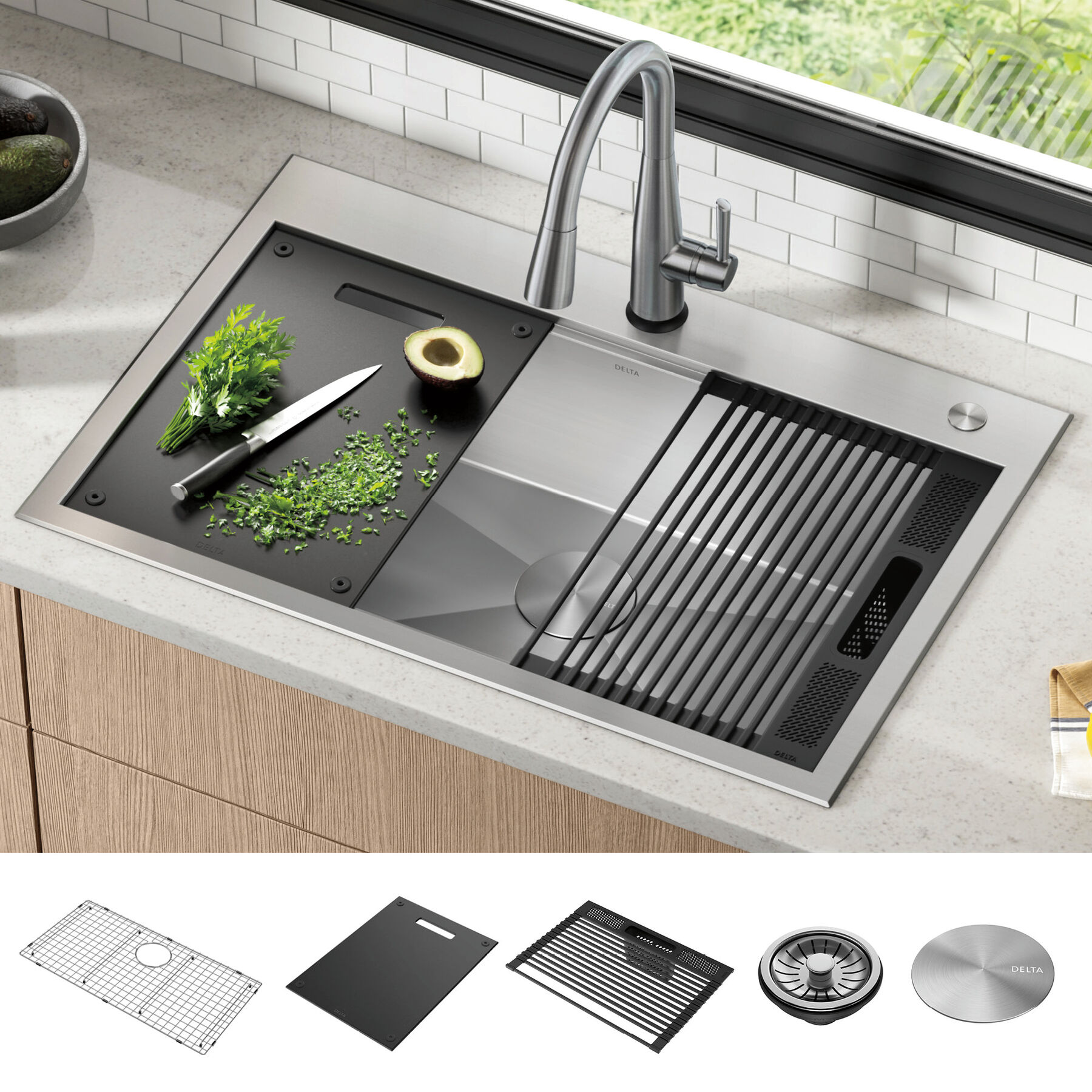 33” Workstation Kitchen Sink Drop-In Top Mount 16 Gauge Stainless Steel Single Bowl with WorkFlow™ Ledge and Accessories, image 9