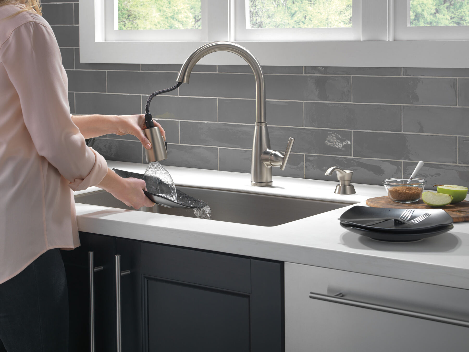 Single Handle Pull-Down Kitchen Faucet with Soap Dispenser and ShieldSpray Technology, image 4