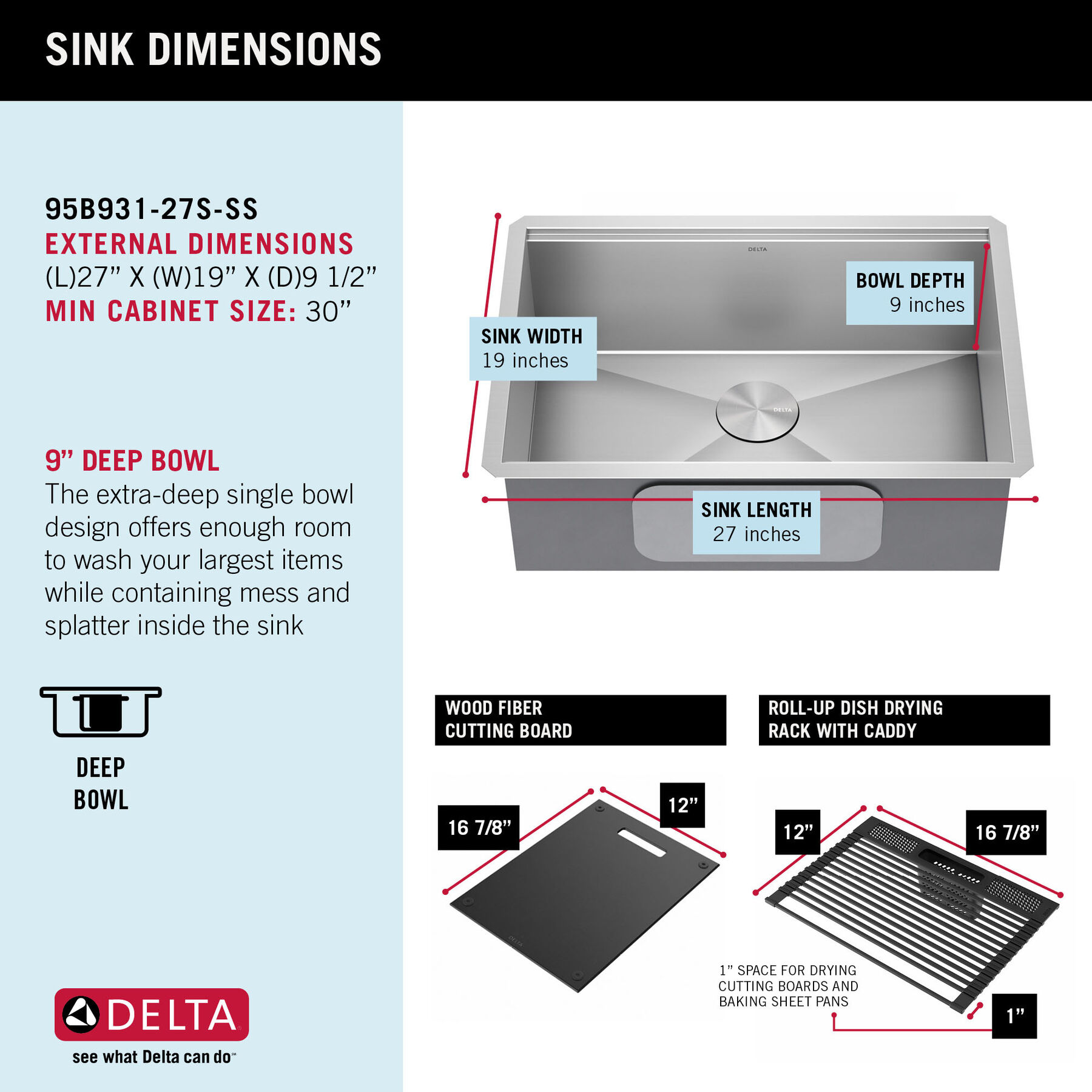 27” Workstation Kitchen Sink Undermount 16 Gauge Stainless Steel Single Bowl with WorkFlow™ Ledge and Accessories, image 8