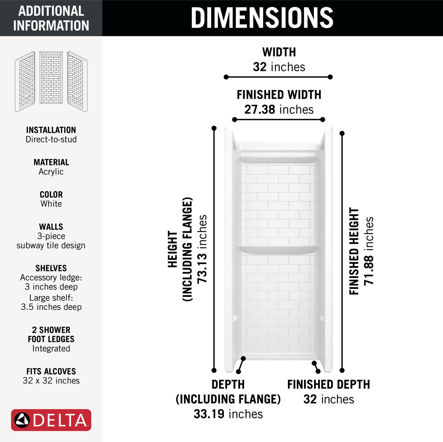 ProCrylic Tile 32 in. x 32 in. Shower Wall, image 3