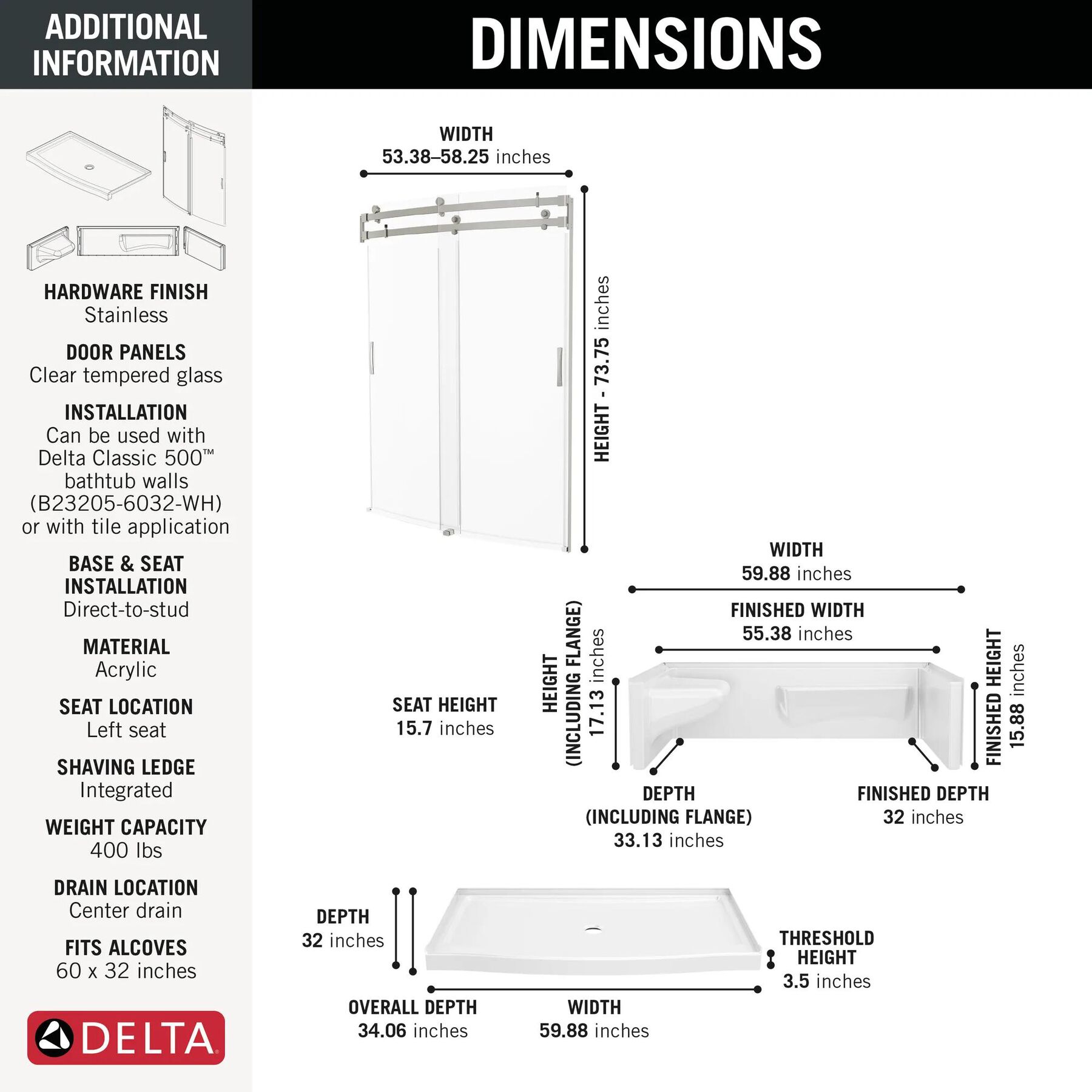 60x32 Alcove Shower Base with Door Bundle - Left Seat Center Drain Curve