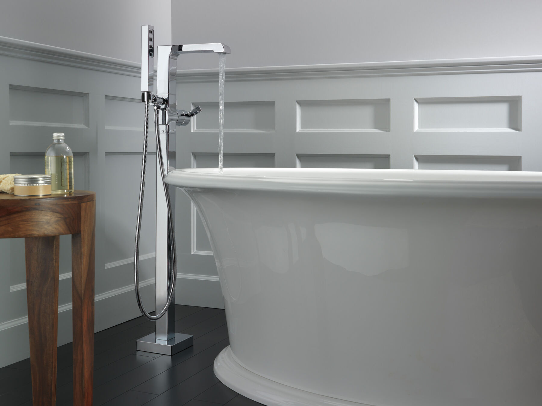 Single Handle Floor Mount Tub Filler Trim with Hand Shower, image 2