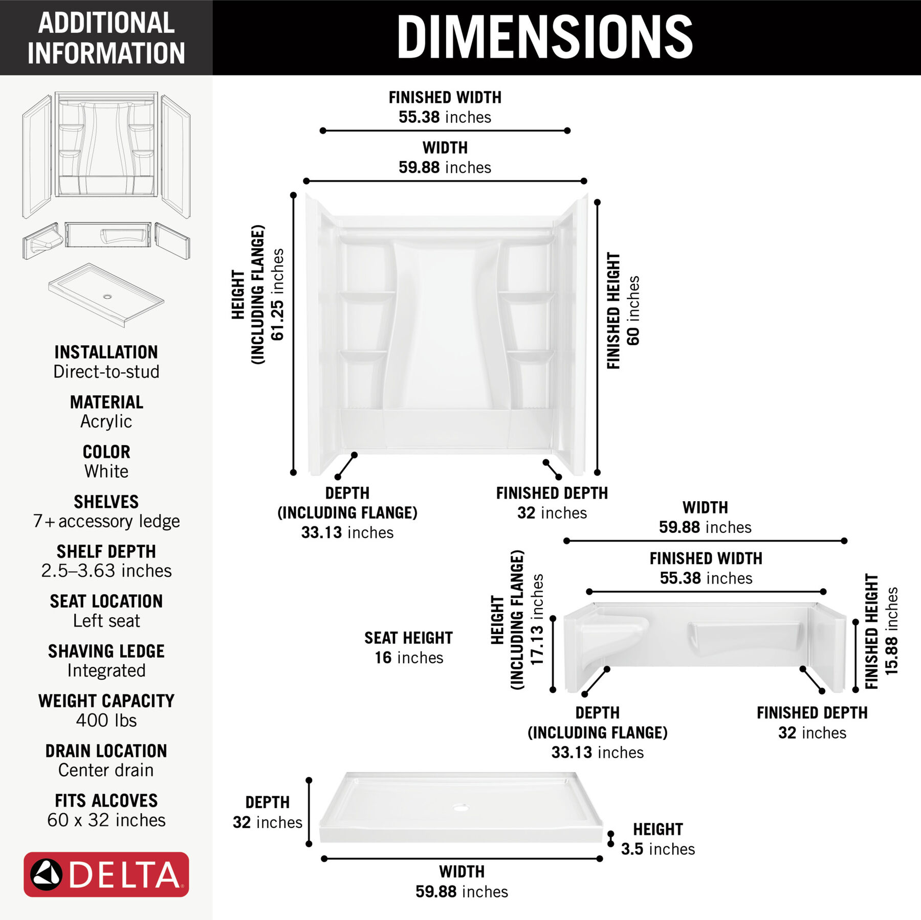 60x32 Alcove Shower Bundle  - Left Seat Center Drain, image 3