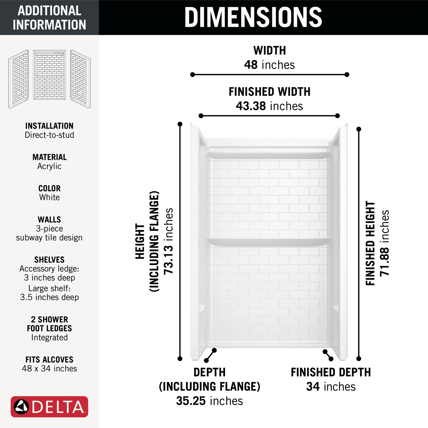 ProCrylic Tile 48 in. x 34 in. Shower Wall, image 3